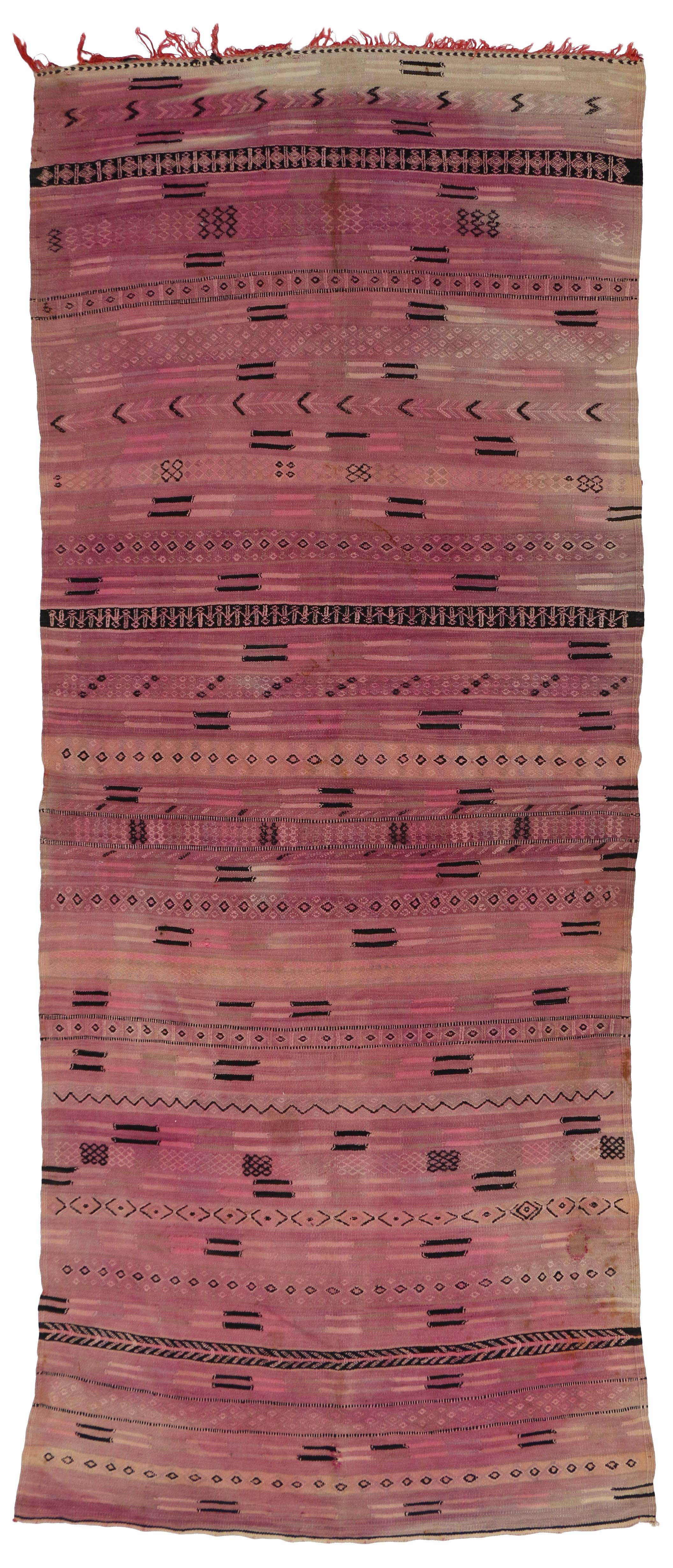 Reversible Vintage Moroccan Striped Kilim  Rug with Postmodern Memphis Style For Sale 2