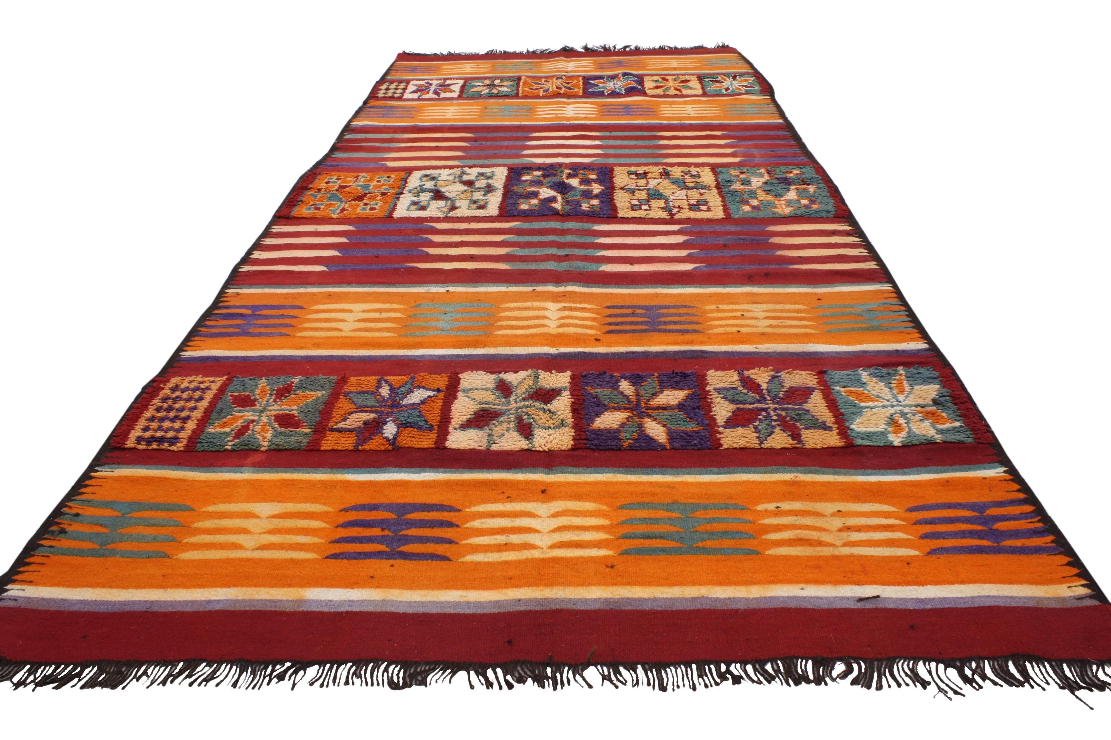 20th Century Vintage Berber Moroccan Kilim High-Low Texture Rug with Lodge Cabin Style For Sale