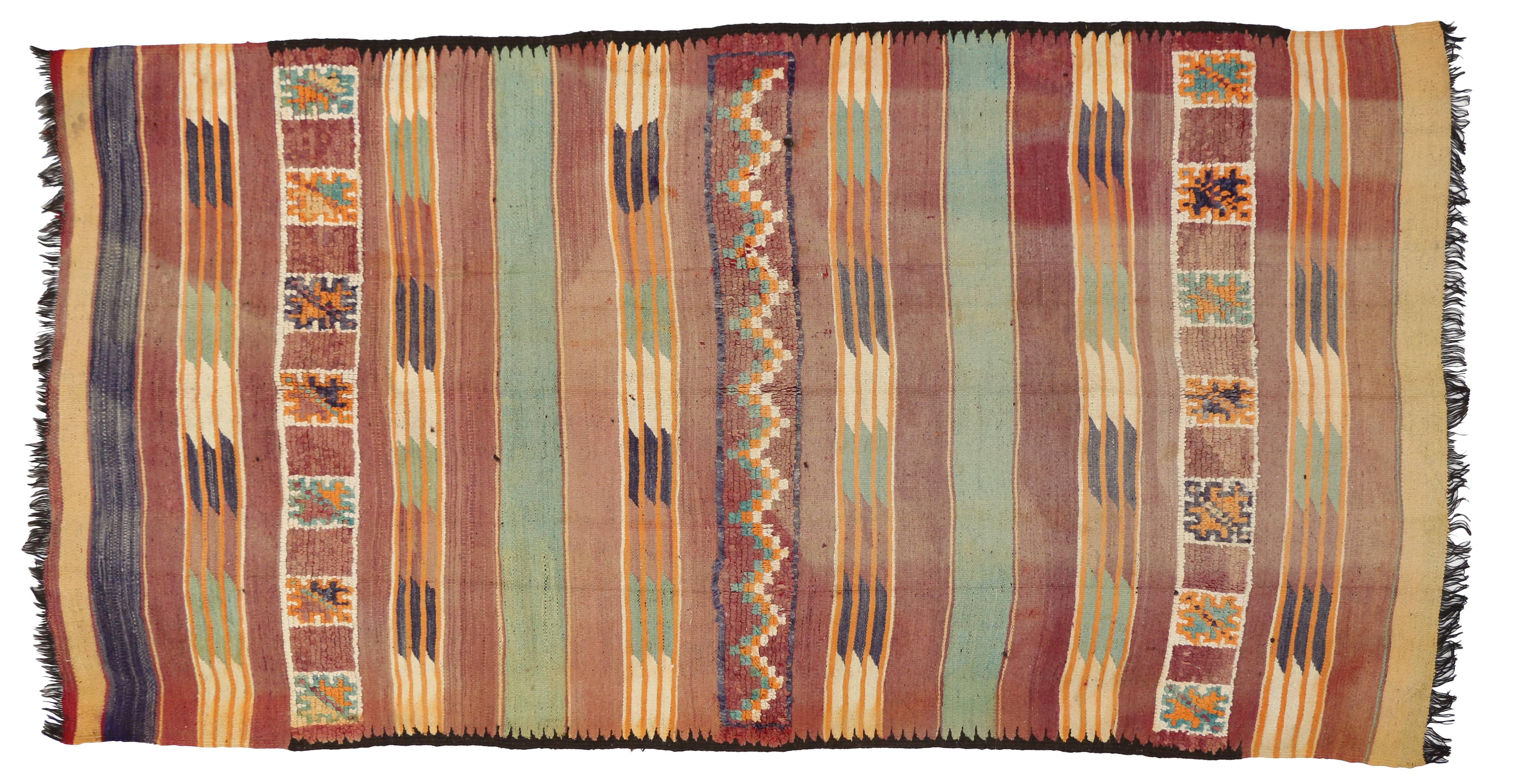 Wool Vintage Berber Moroccan Kilim with Tribal Boho Chic Style, Flatweave Kilim Rug For Sale