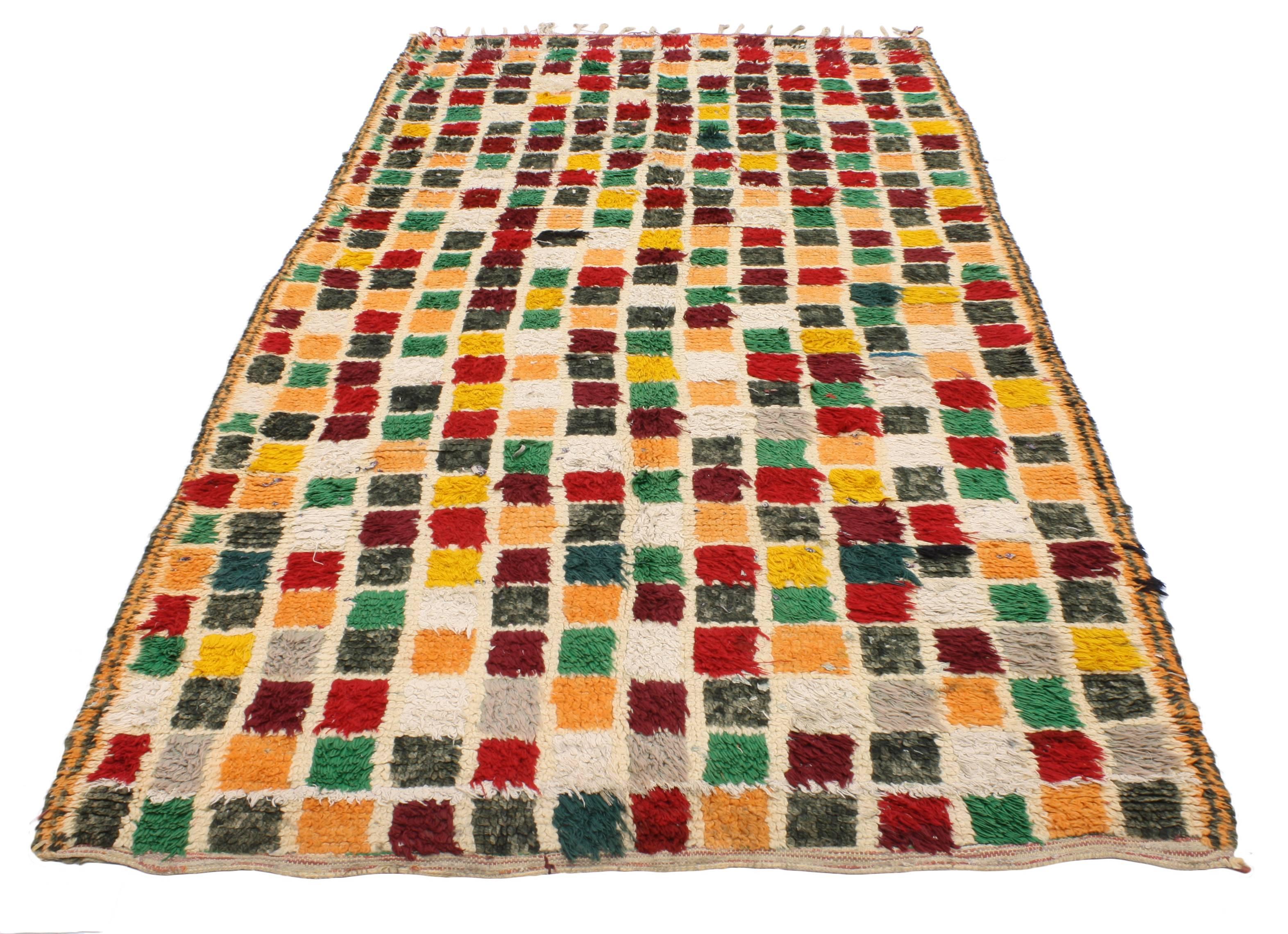 Hand-Knotted Vintage Berber Moroccan Runner with Postmodern Bauhaus Cubism Style