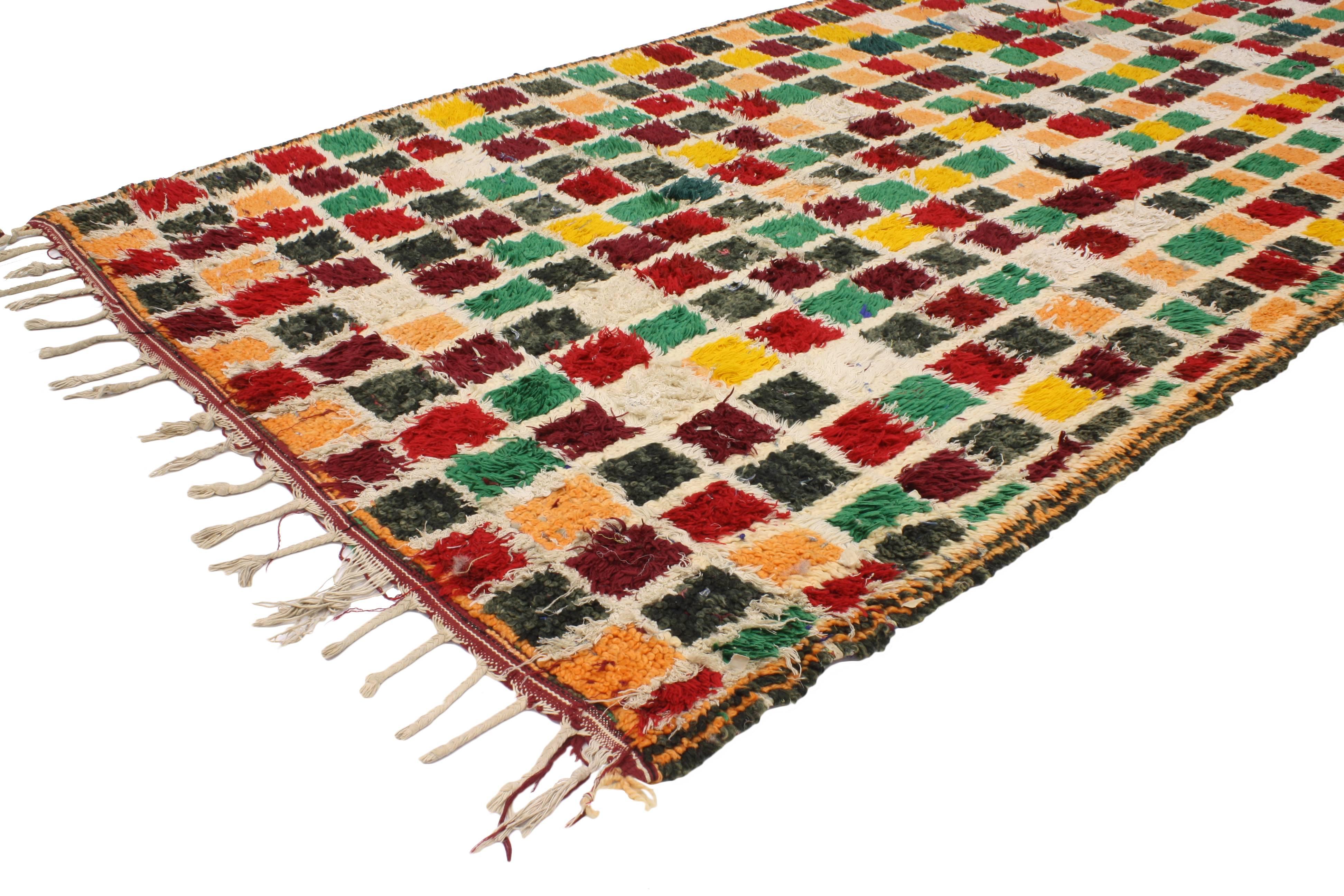 20473 Vintage Berber Moroccan Runner with Postmodern Bauhaus Cubism Style 04'05 x 08'09. This hand-knotted wool vintage Mid-Century Modern Moroccan runner features a checkerboard design woven in a striking combination of red, yellow, orange, green