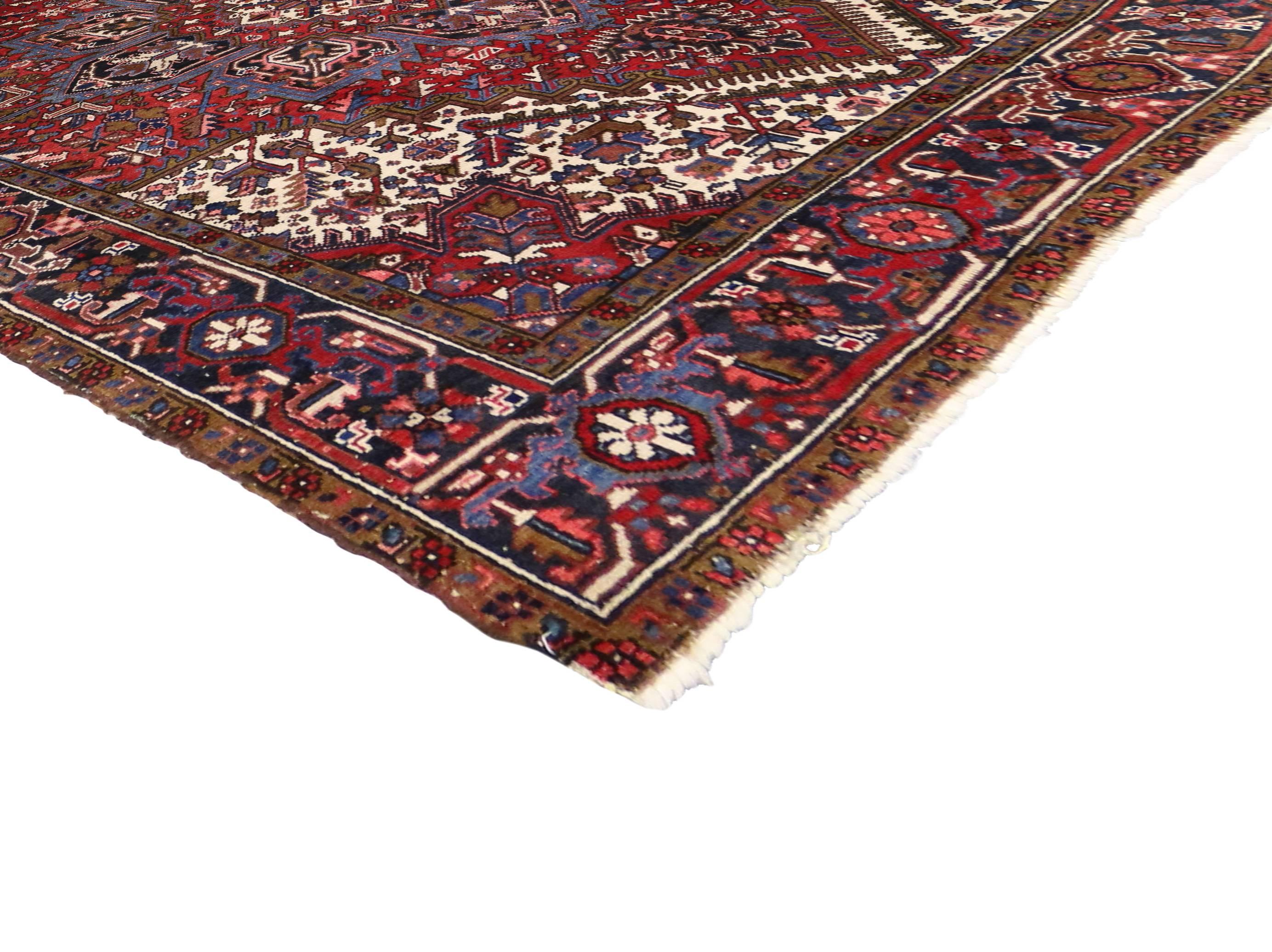 Wool Vintage Persian Heriz Rug with Mid-Century Modern Style in Traditional Colors For Sale