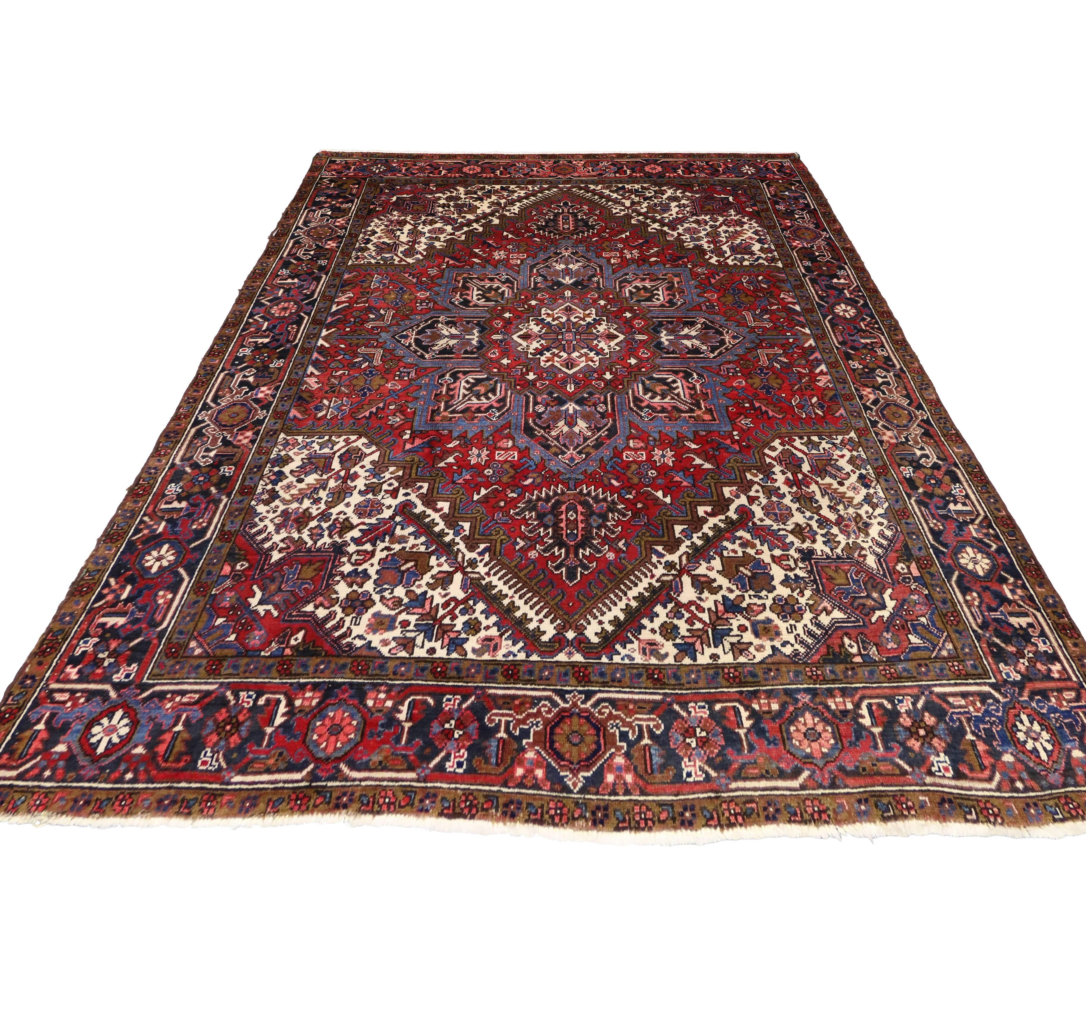 Vintage Persian Heriz Rug with Mid-Century Modern Style in Traditional Colors For Sale 1