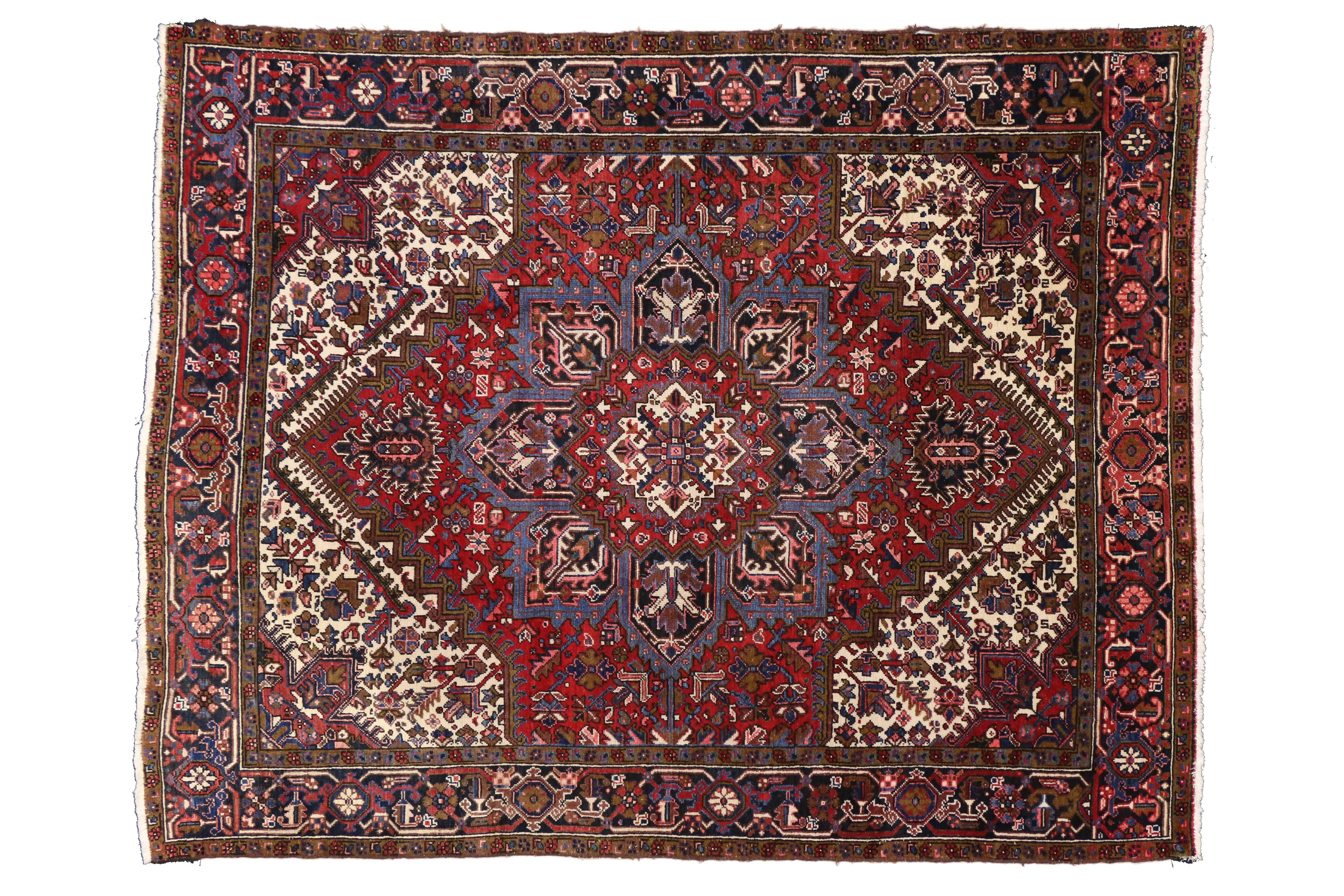 Vintage Persian Heriz Rug with Mid-Century Modern Style in Traditional Colors For Sale 5