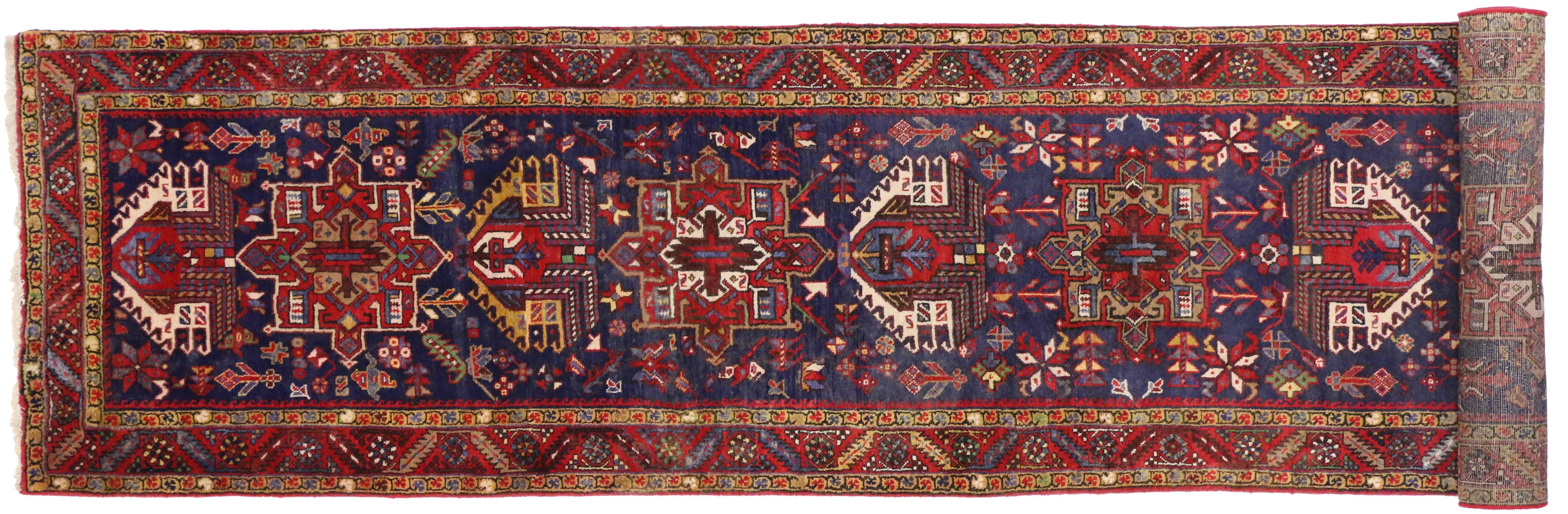 Wool Vintage Persian Karaja Heriz Runner, Tribal Style Hallway Runner