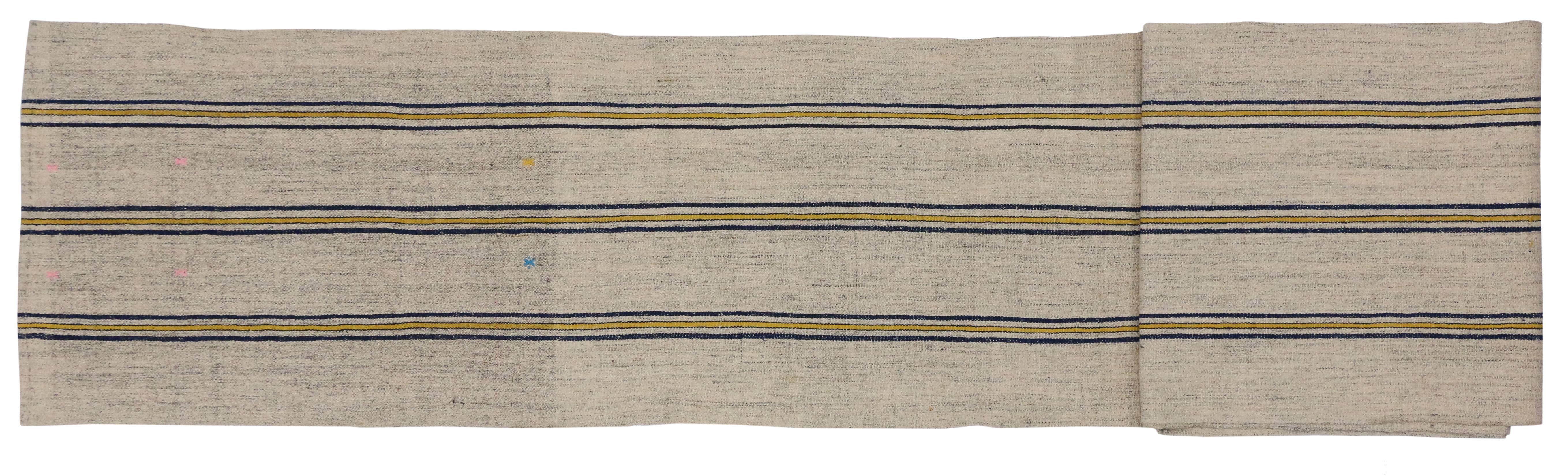 Hand-Woven Vintage Turkish Flatweave Kilim Runner with Nautical Style, Navy Blue and Yellow