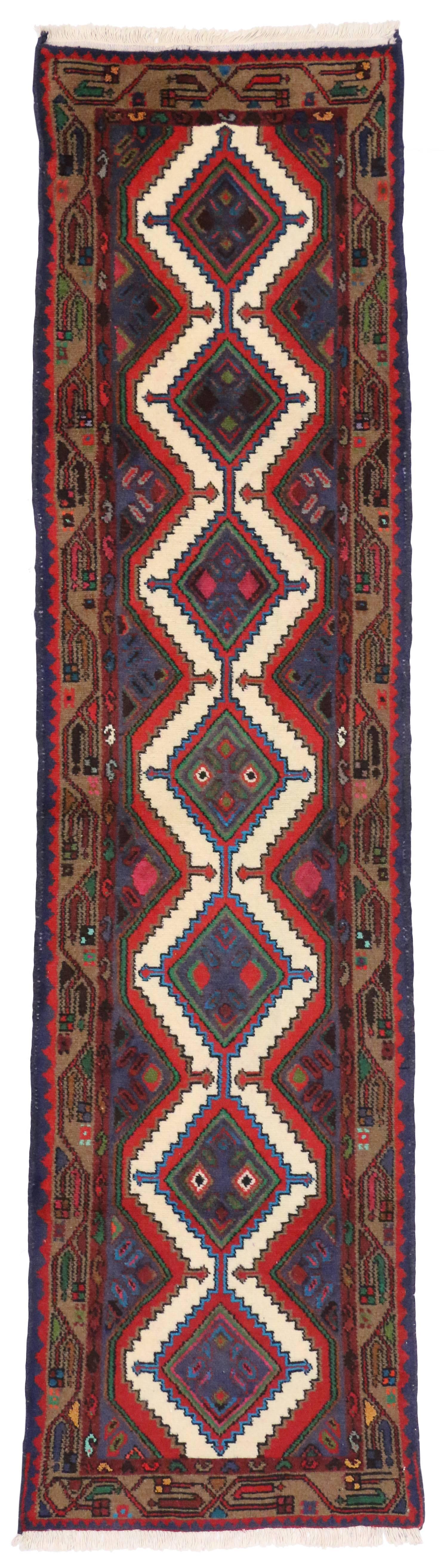 60224 Vintage Persian Hamadan Runner, Hallway Runner with Art Deco Style. Vintage hand-knotted wool Persian Hamadan runner featuring stacked medallions surrounded by geometric motifs and framed with a colorful tribal border. Rendered in traditional
