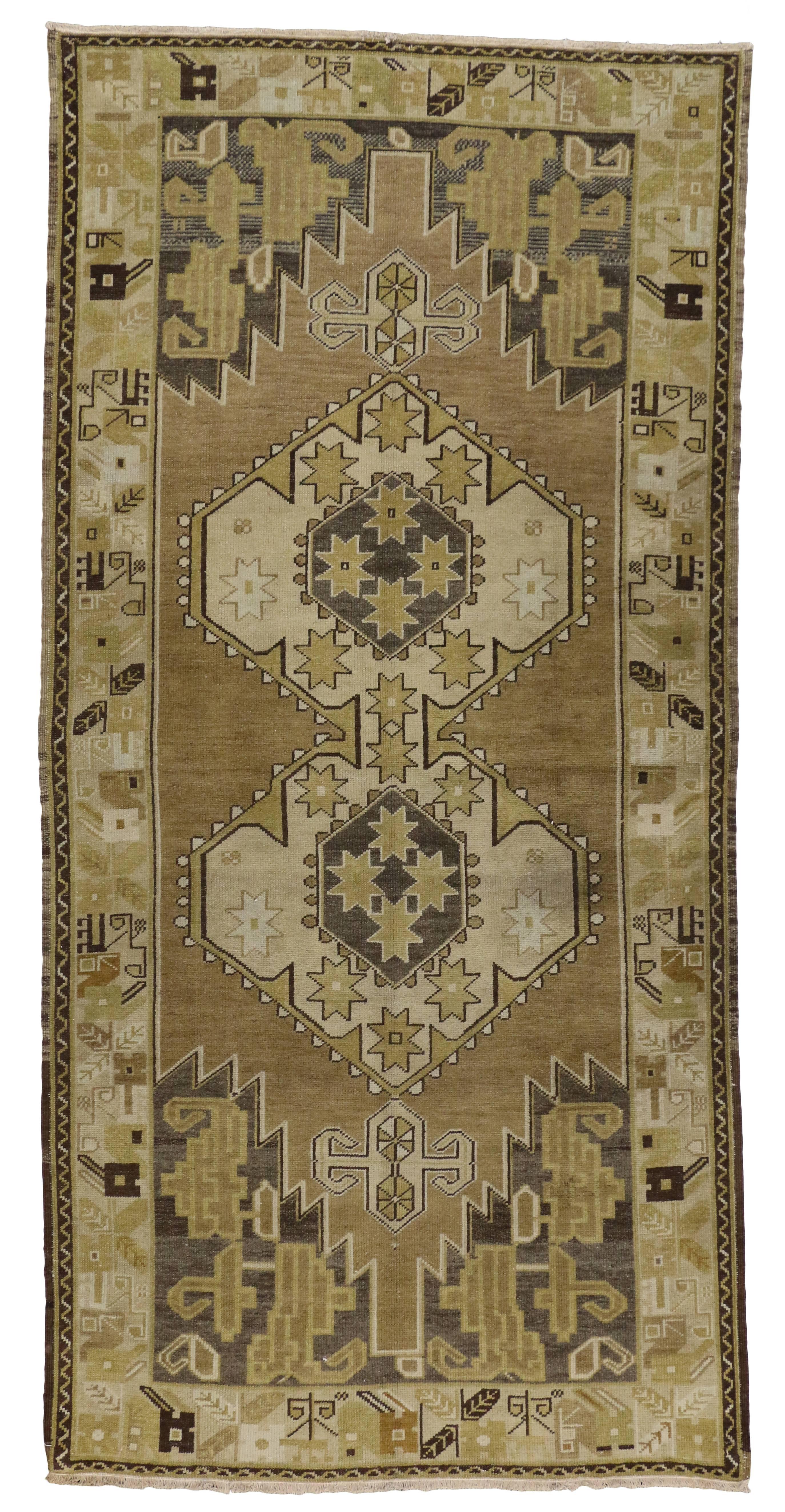 Wool Vintage Turkish Oushak Carpet Runner with Mid-Century Modern Style