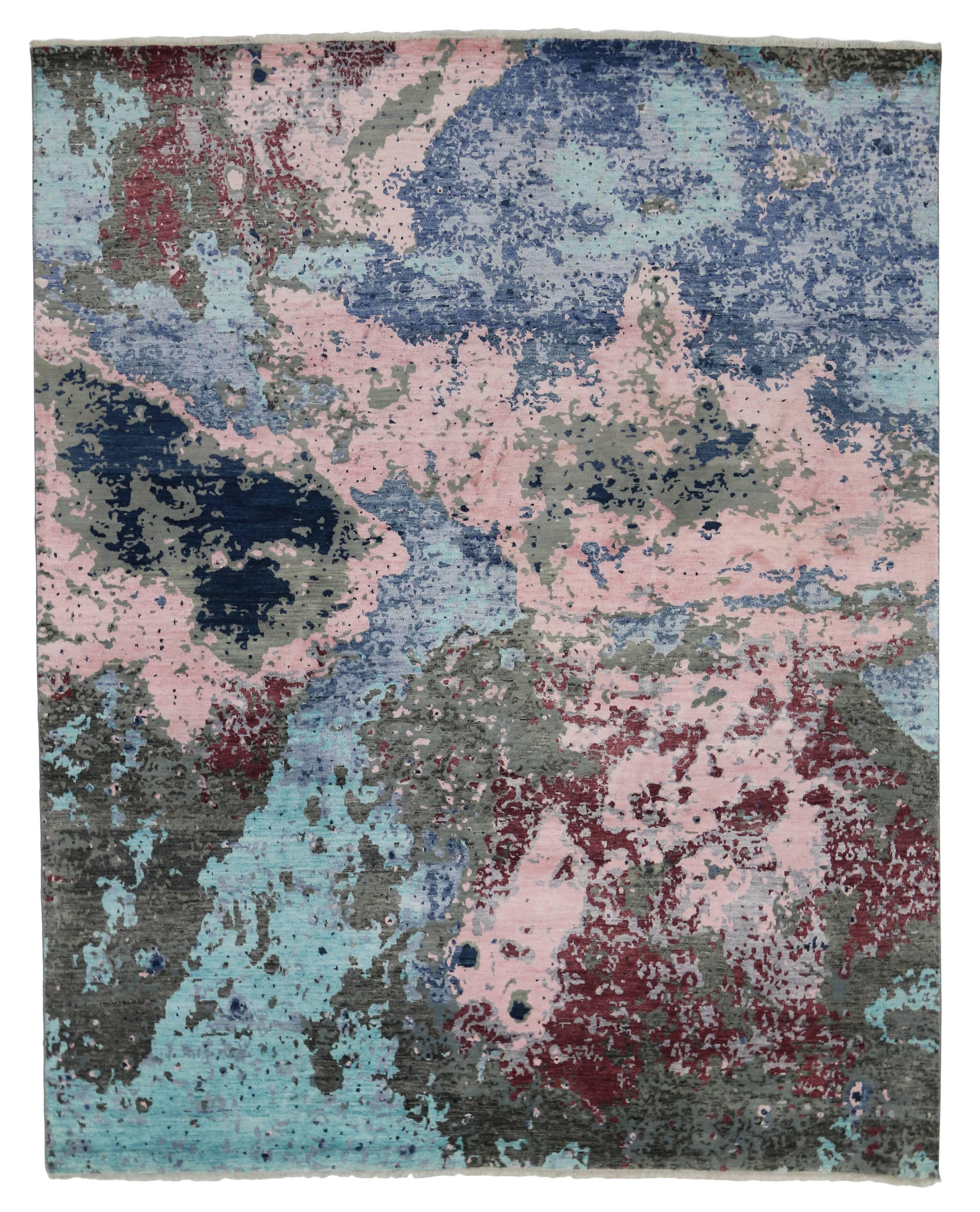 Silk New Contemporary Abstract Area Rug with Post-Modern Expressionist Memphis Style