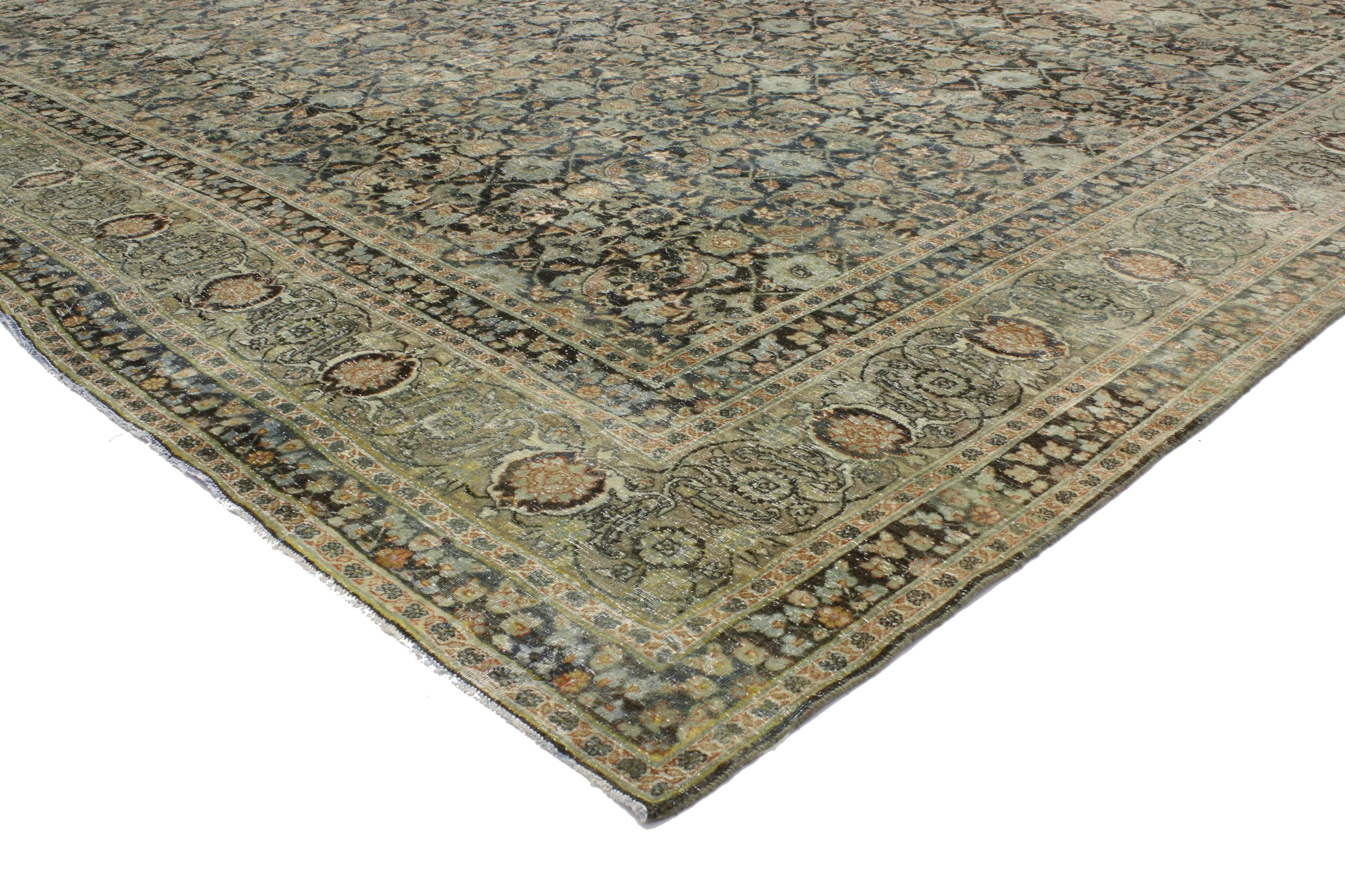 Hand-Knotted Distressed Antique Persian Yazd Rug with Modern Industrial Style