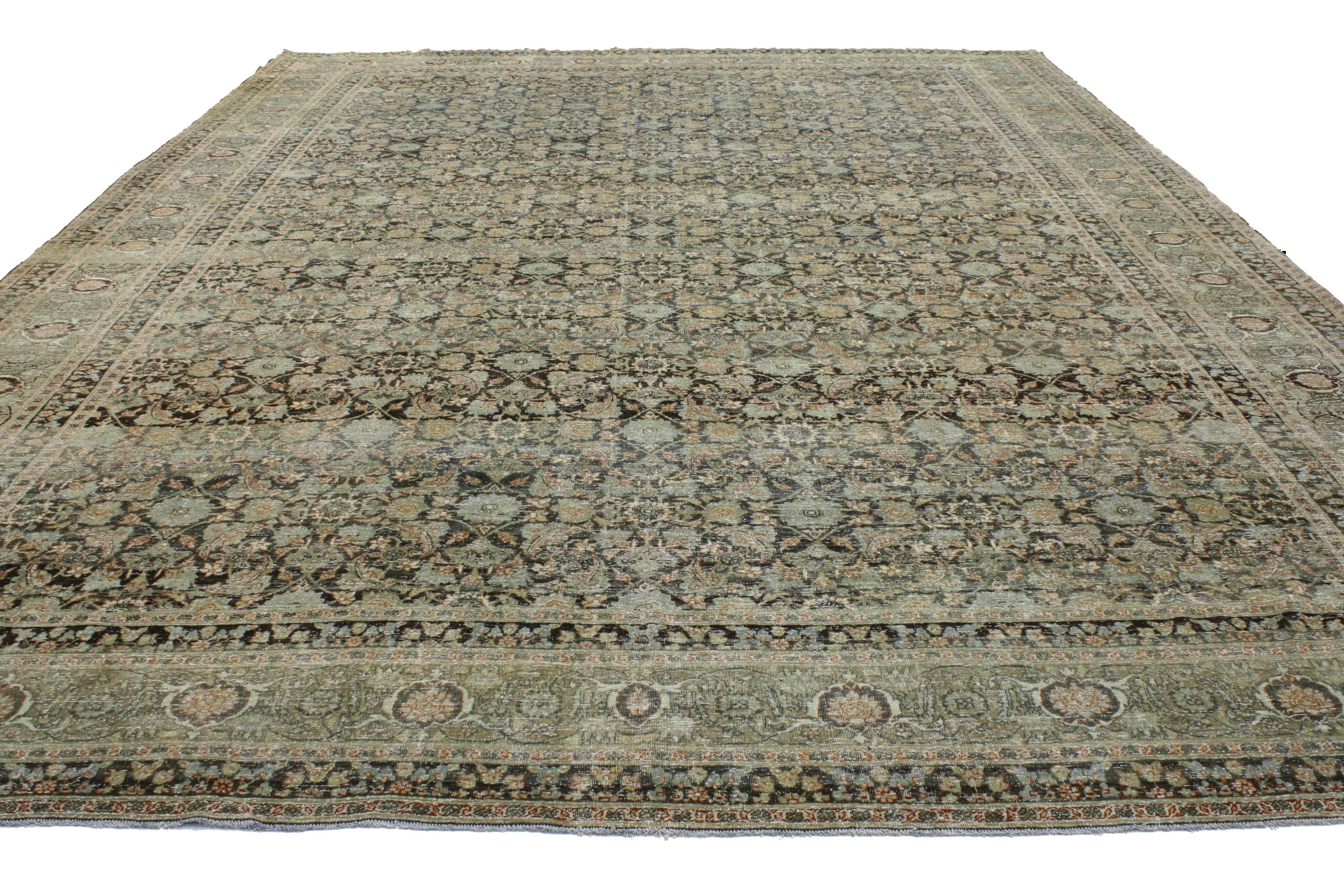 Distressed Antique Persian Yazd Rug with Modern Industrial Style In Distressed Condition In Dallas, TX
