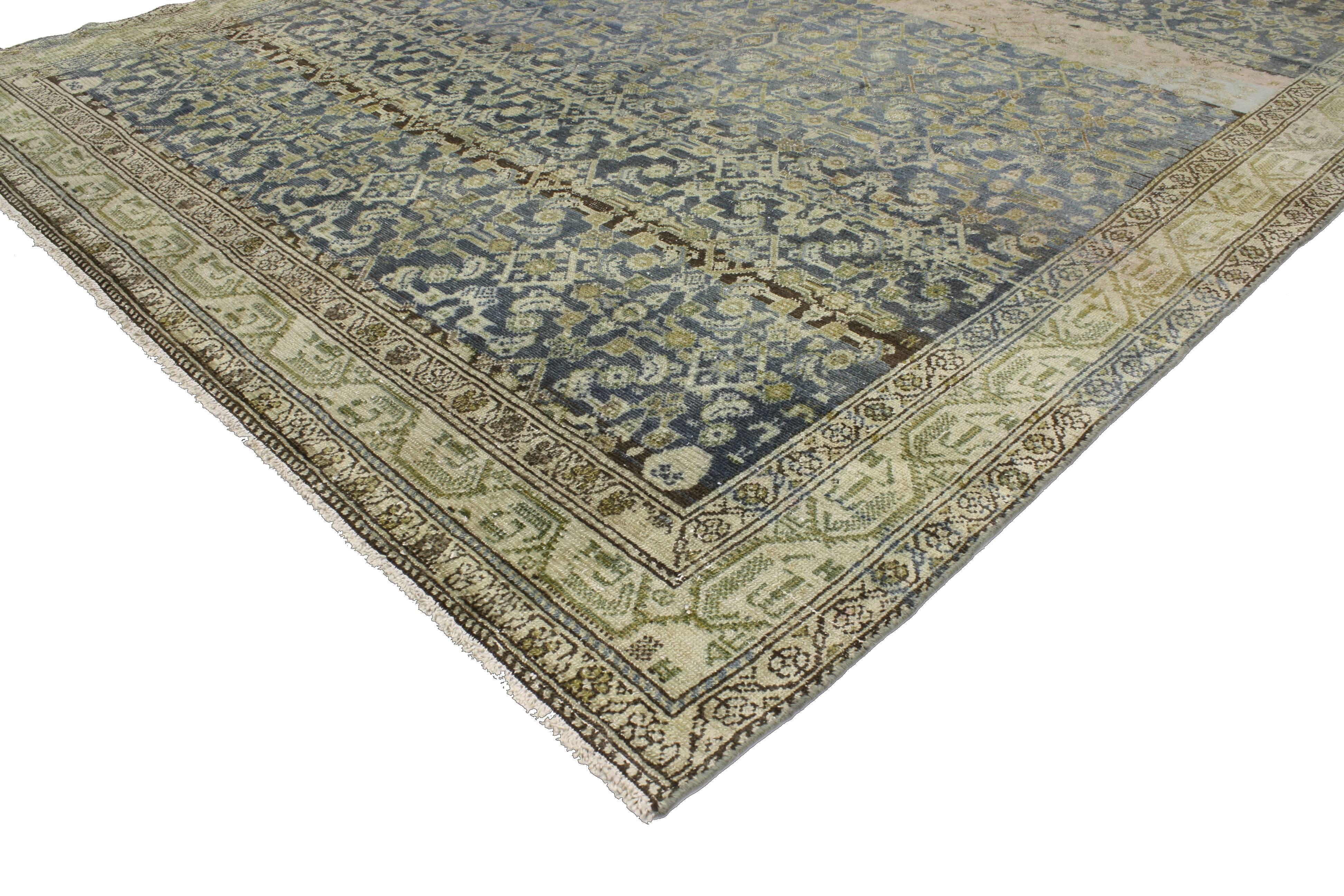 Hand-Knotted Distressed Antique Persian Malayer Gallery Rug with Modern Rustic Style For Sale
