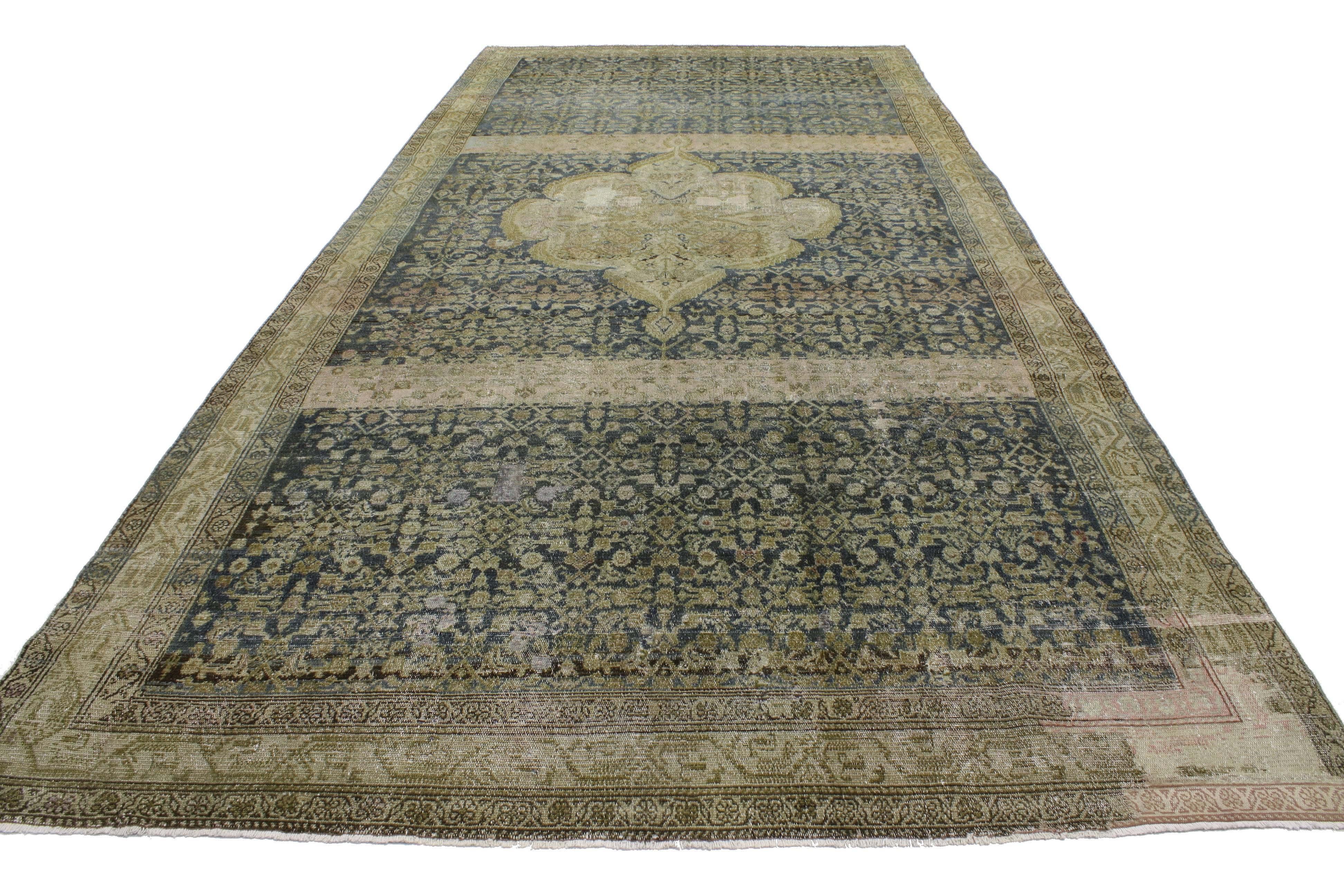 20th Century Distressed Antique Persian Malayer Gallery Rug with Modern Rustic Style For Sale