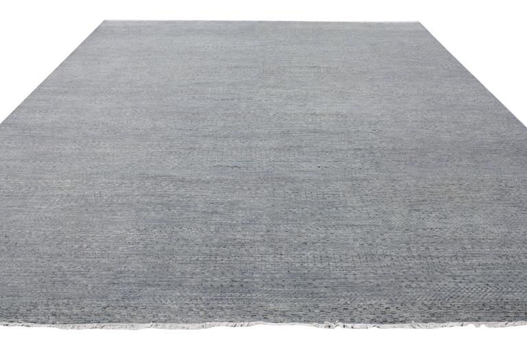 Transitional Grass Cloth Patterned Slate Blue Area Rug with Modern