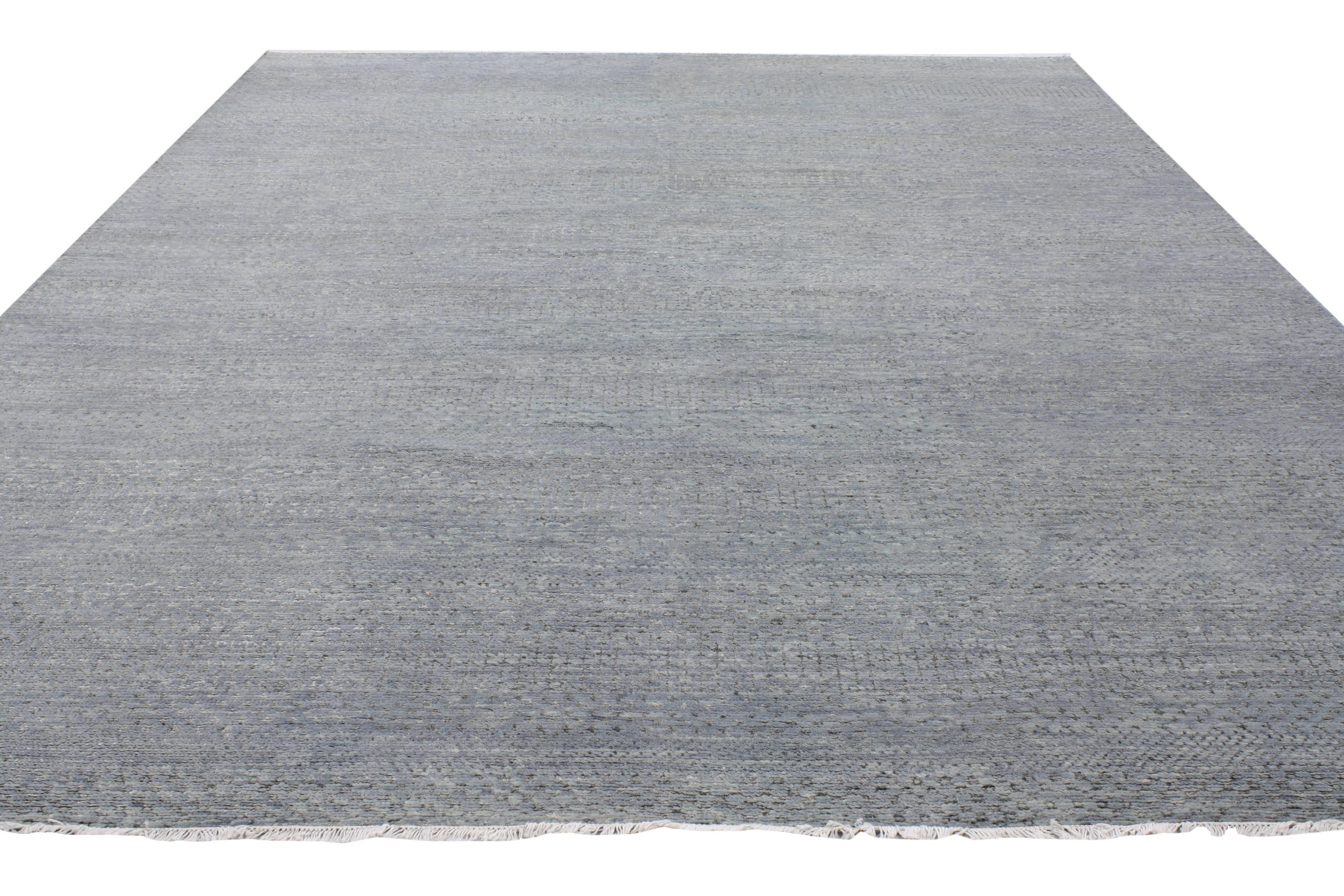 Indian Transitional Grass Cloth Patterned Slate Blue Area Rug with Modern Style