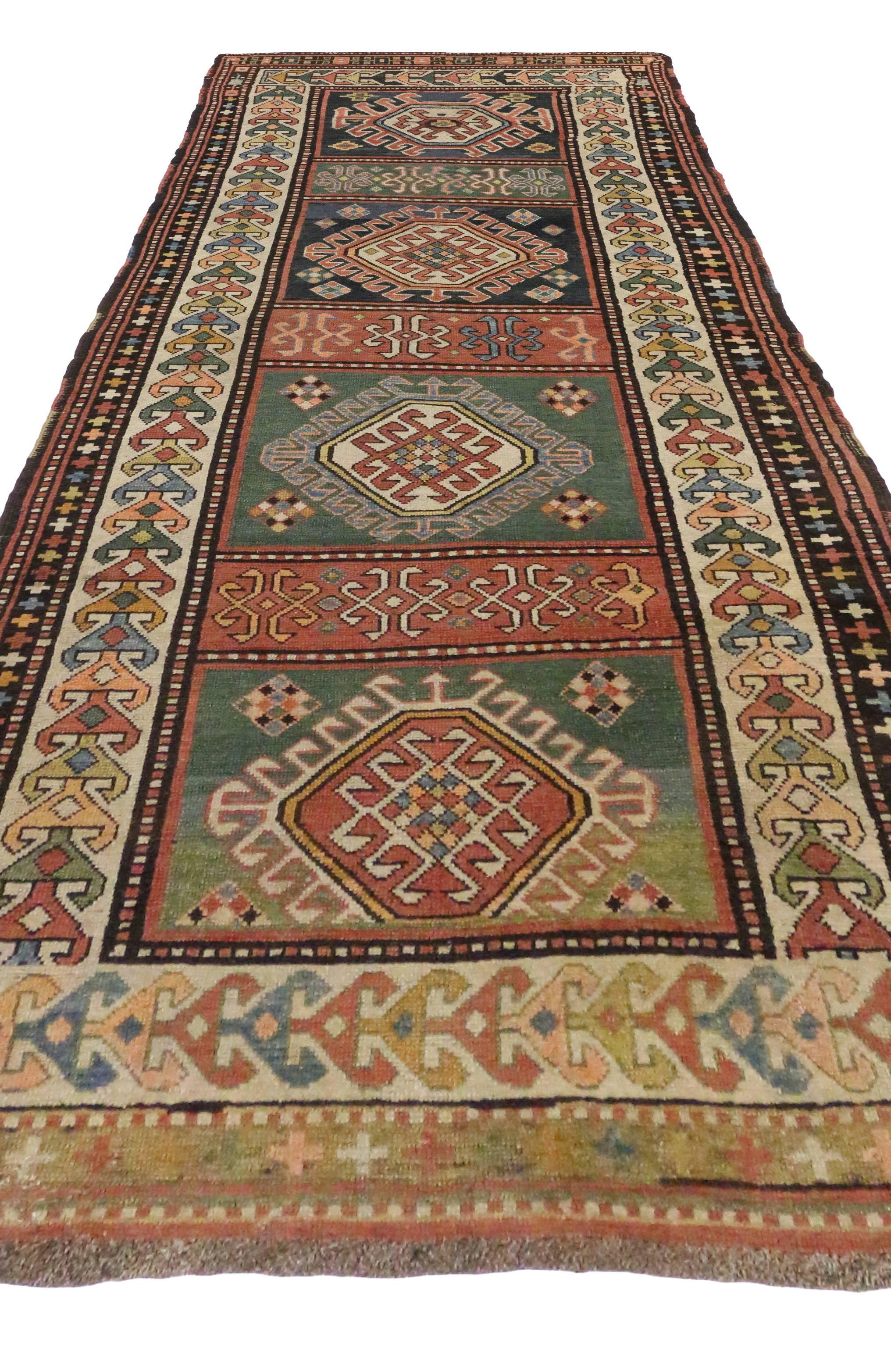 Rustic Tribal Style Antique Caucasian Kazak Rug, Wide Hallway Runner 2