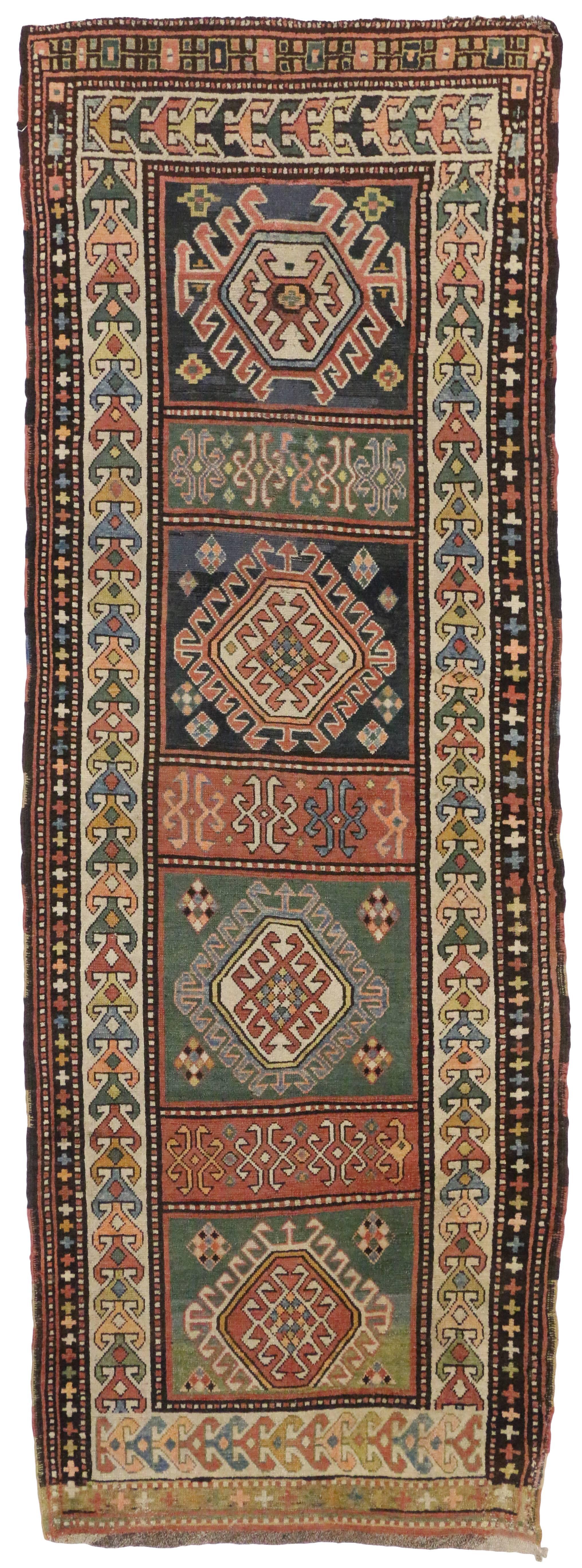 Rustic Tribal Style Antique Caucasian Kazak Rug, Wide Hallway Runner 4