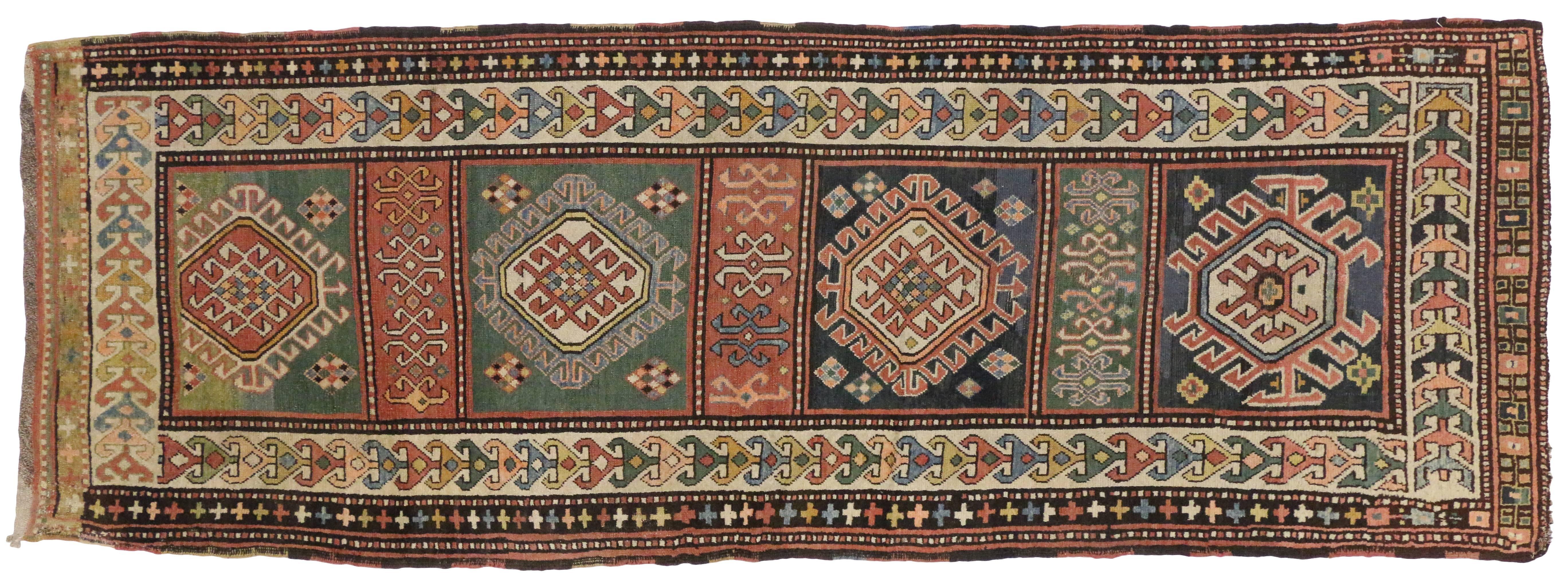 Rustic Tribal Style Antique Caucasian Kazak Rug, Wide Hallway Runner 5