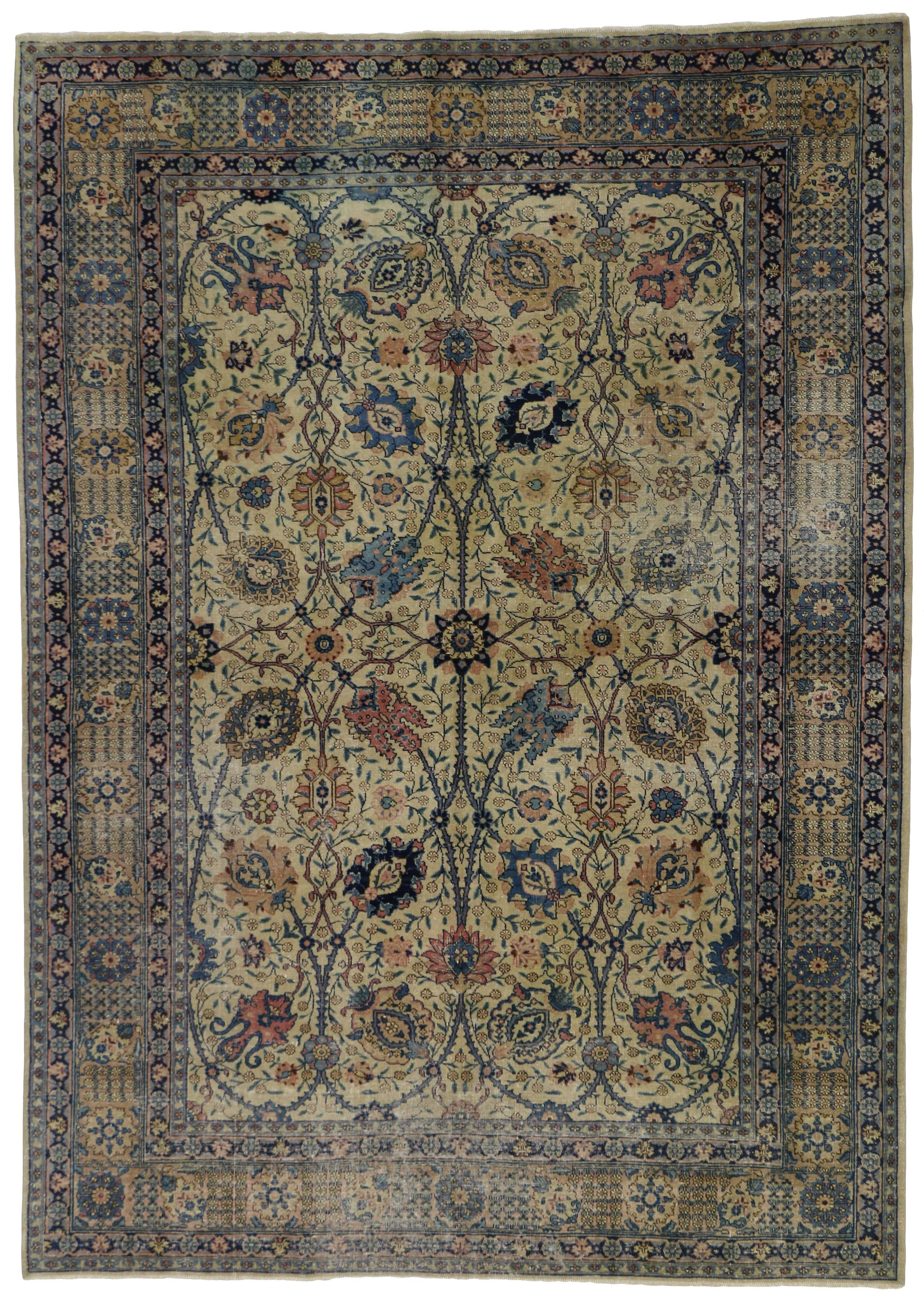 20th Century Distressed Antique Persian Tabriz Rug with Georgian Romantic Chippendale Style For Sale