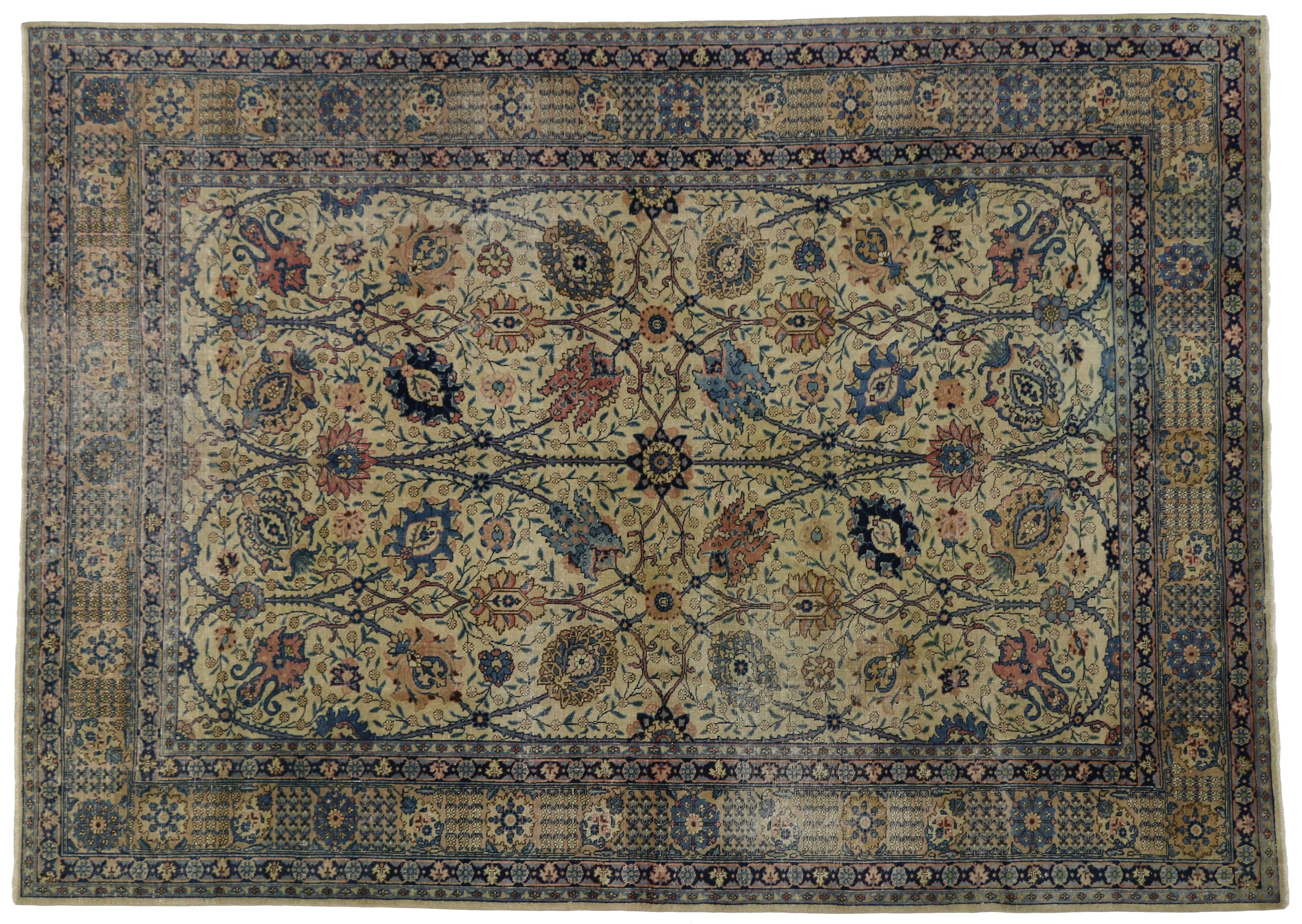 Wool Distressed Antique Persian Tabriz Rug with Georgian Romantic Chippendale Style For Sale