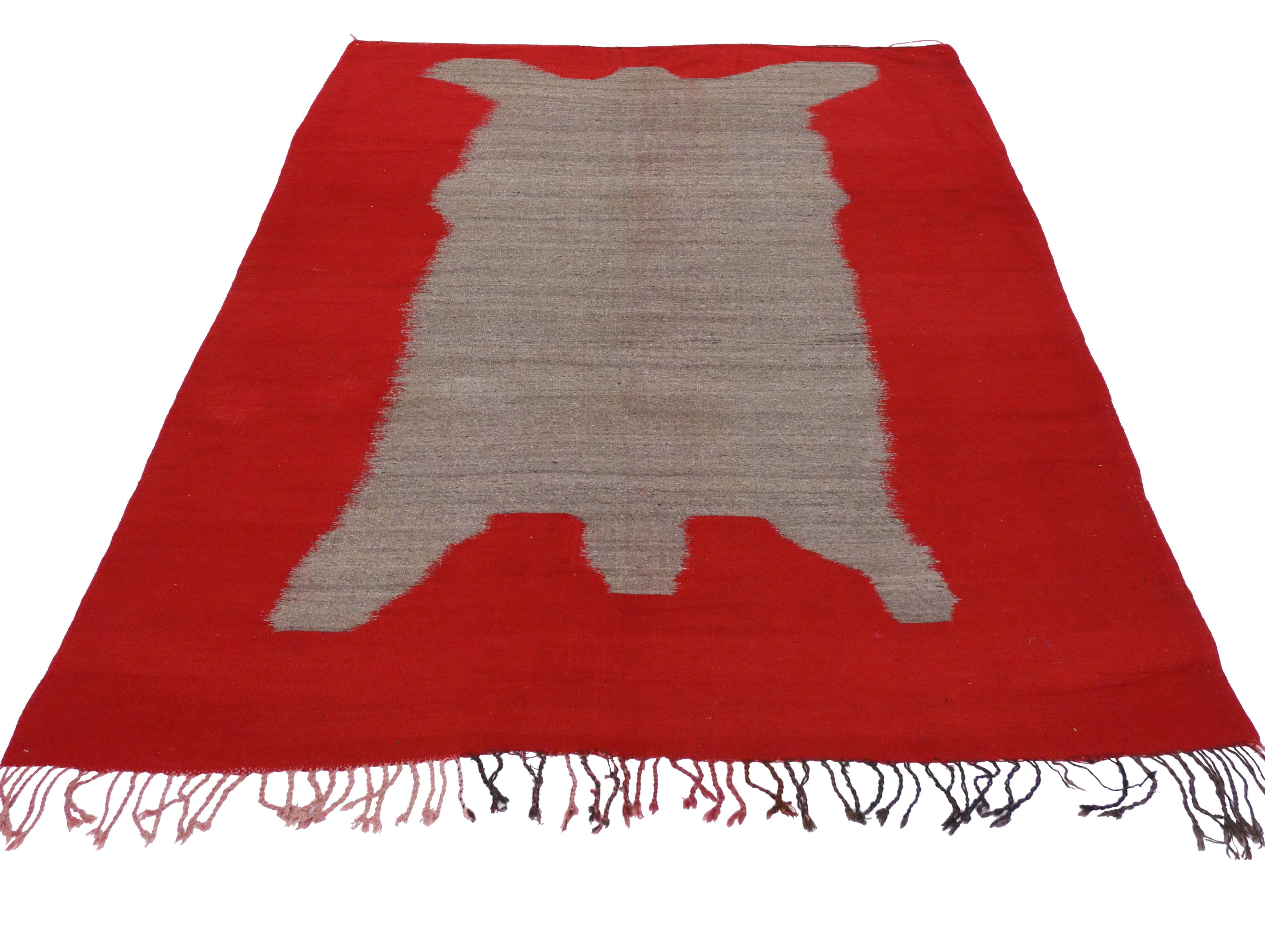 Hand-Woven Vintage Berber Moroccan Kilim Rug with Modern Bear Design, Flatweave Kilim Rug