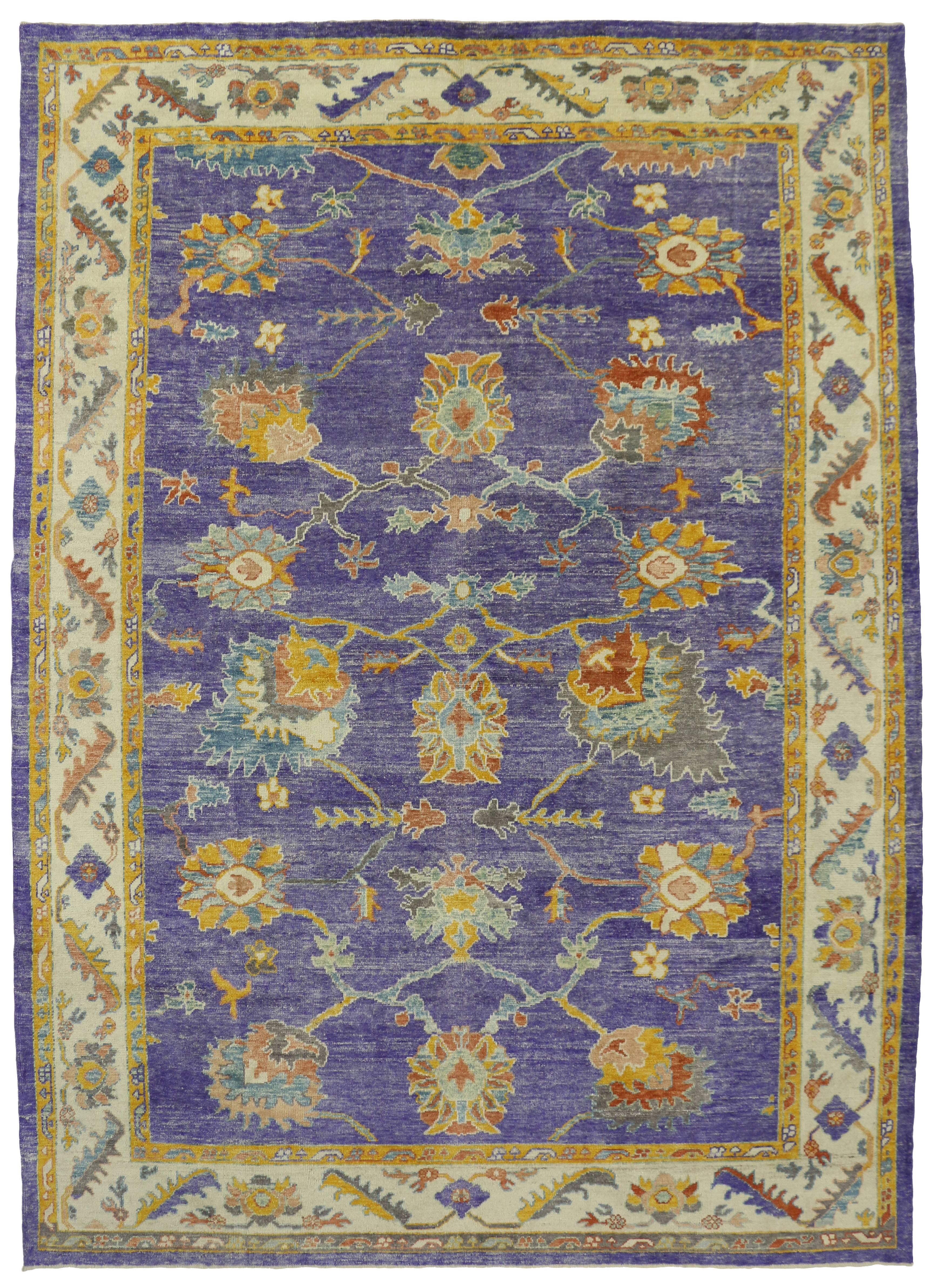 Hand-Knotted Contemporary Turkish Oushak Purple Area Rug with Modern Style and Memphis Design