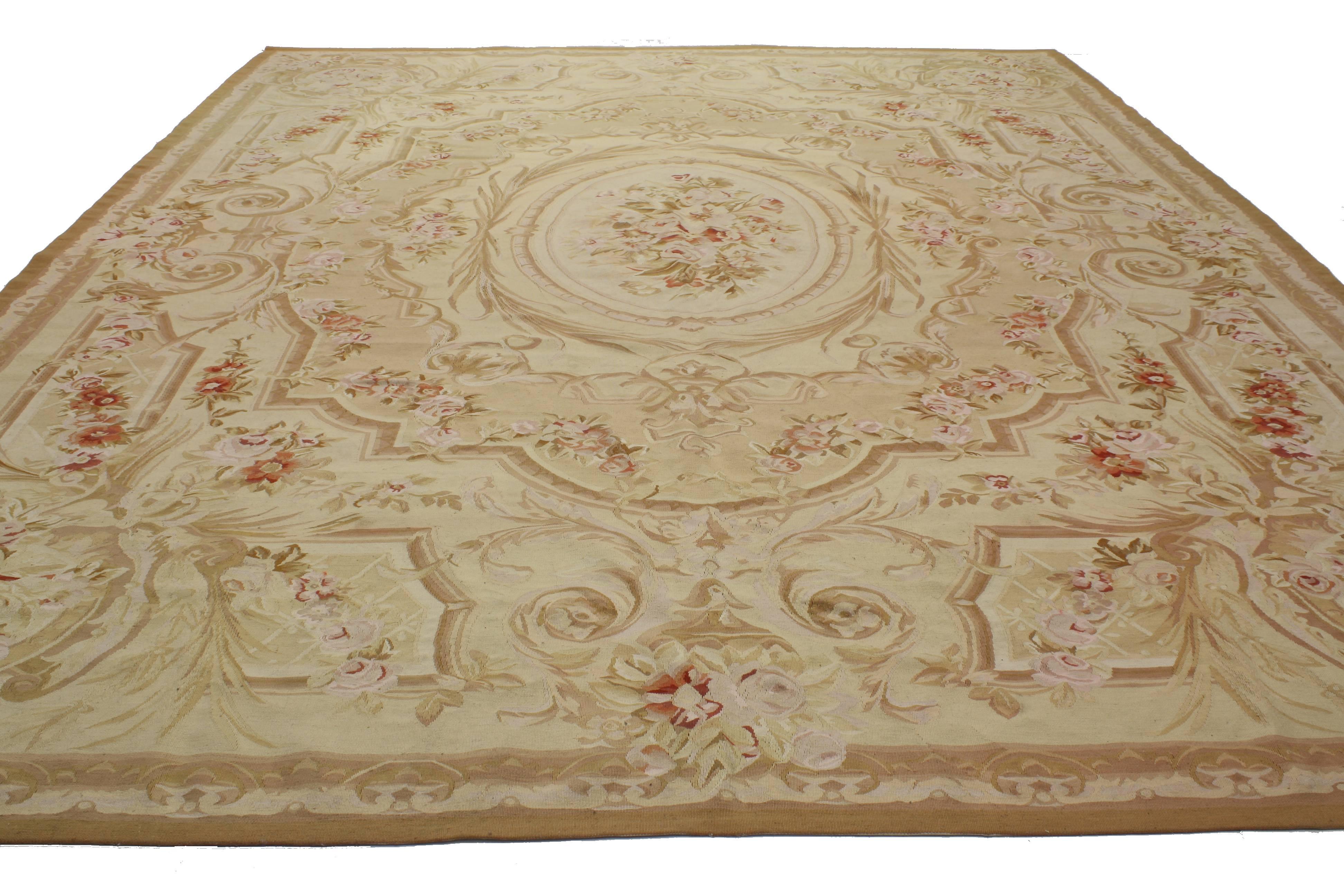 76871 Vintage Aubusson Chinese Area Rug with French Chintz Style 10'06 x 13'06. Drawing inspiration from Mario Buatta, Chintz style and design elements from the 18th century in France, this vintage Chinese Aubusson style rug will make a grand