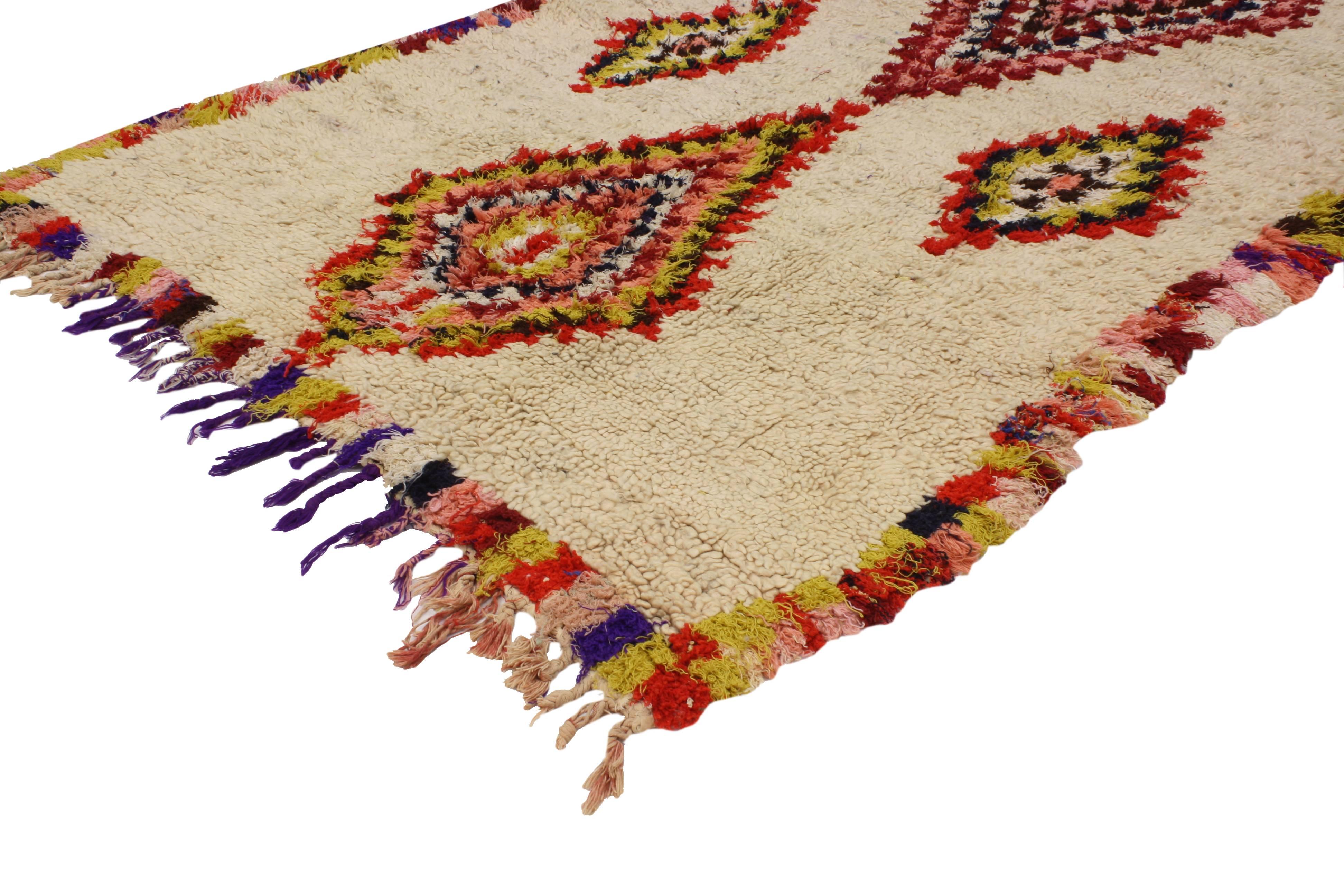 20491 Vintage Berber Moroccan Azilal Rug with Boho Chic Tribal Style and Hygge Vibes 04’00 x 06’08.  This hand-knotted wool vintage Moroccan Azilal rug with Bohemian style features two large-scale stacked diamonds flanked with two smaller scale
