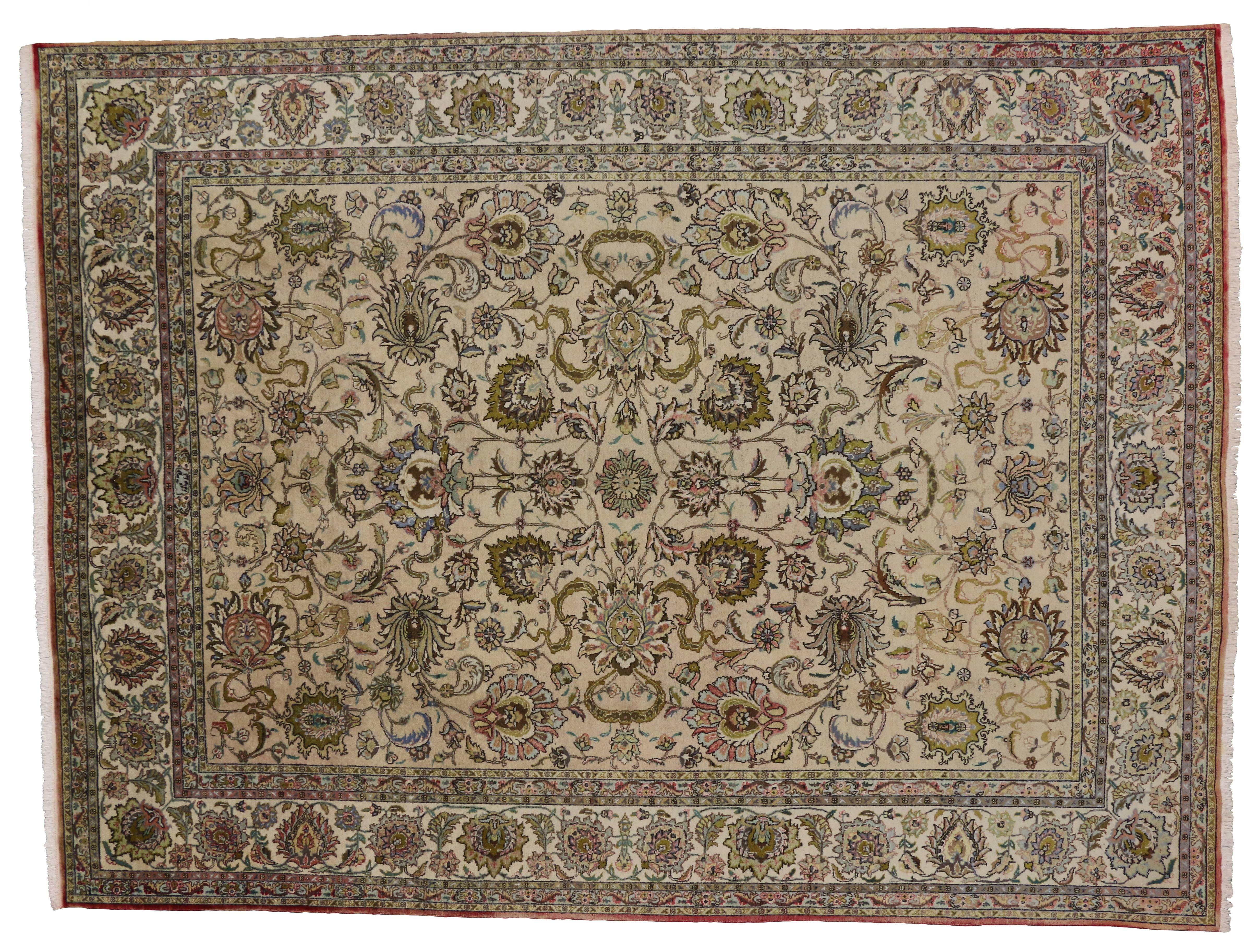 Wool Vintage Persian Tabriz Area Rug with French Provincial Cottage Style For Sale