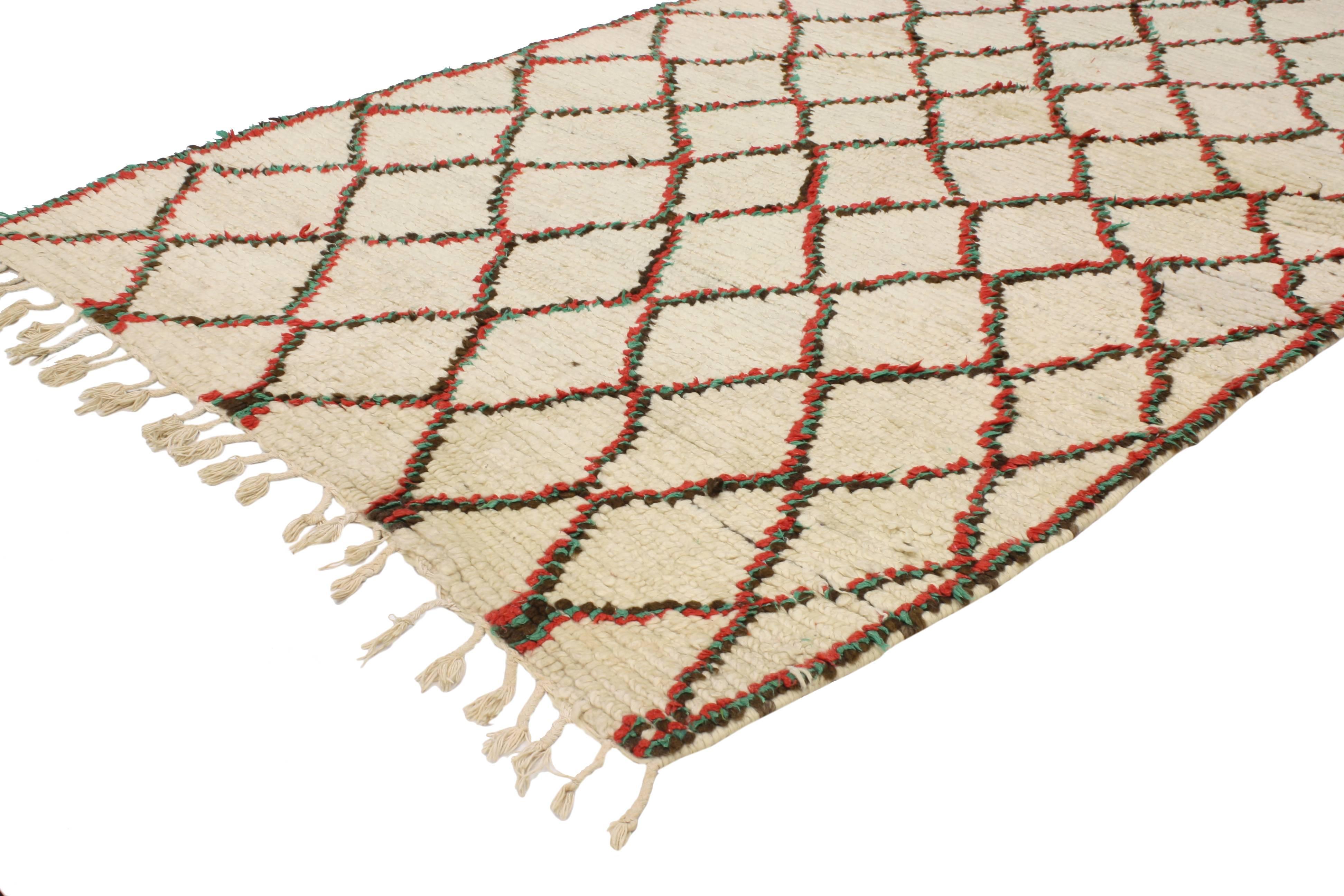 20452 Vintage Berber Moroccan Azilal Rug with Hygge Vibes. Concerted efforts run deep in this impeccably woven vintage Berber Moroccan Azilal rug. This hand-knotted wool vintage Berber Moroccan Azilal rug features a simplistic style with a lattice