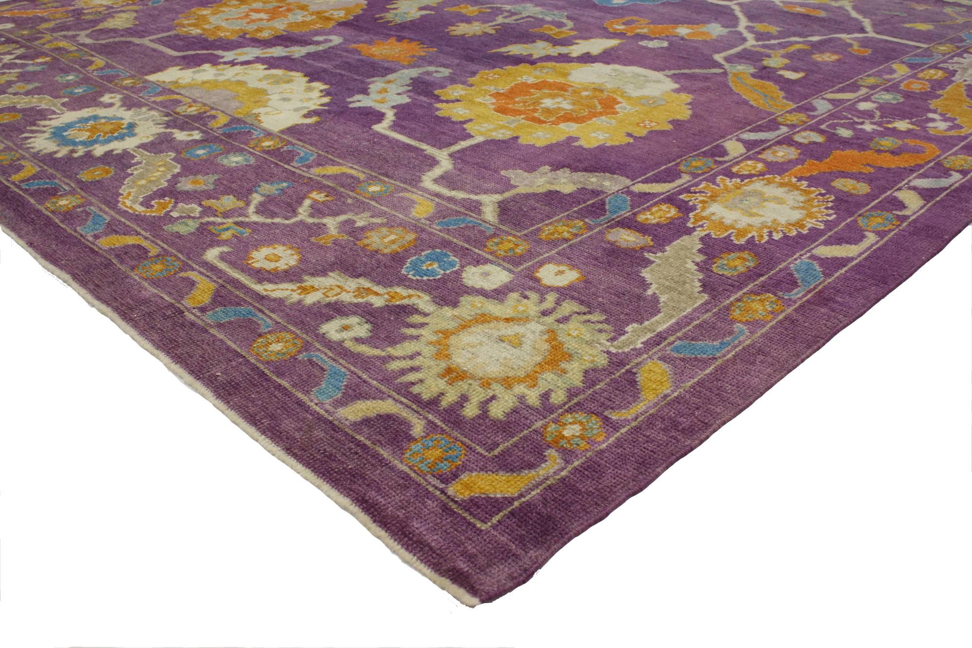 Give your home fashion-forward energy with the dynamic and dramatic look of a purple Oushak area rug. This contemporary Turkish Oushak rug bears a remarkable air of chic sophistication with its modern style and purple field. A beautiful display of