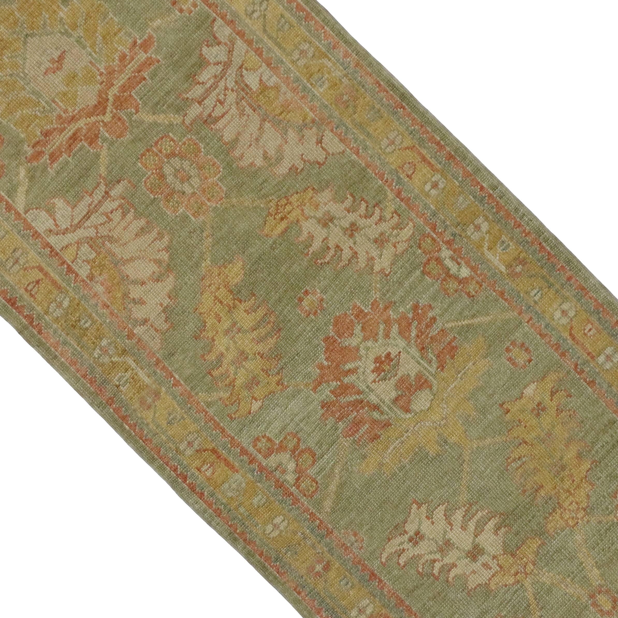 Hand-Knotted Contemporary Turkish Oushak Runner with Modern Style, Green Oushak Runner