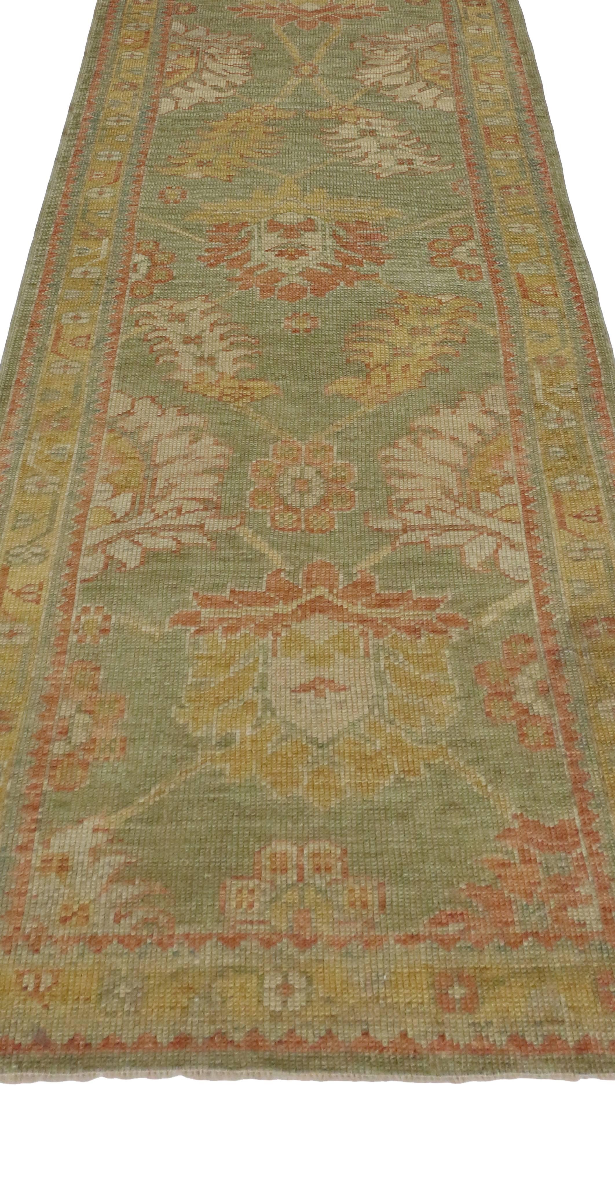 Contemporary Turkish Oushak Runner with Modern Style, Green Oushak Runner In New Condition In Dallas, TX