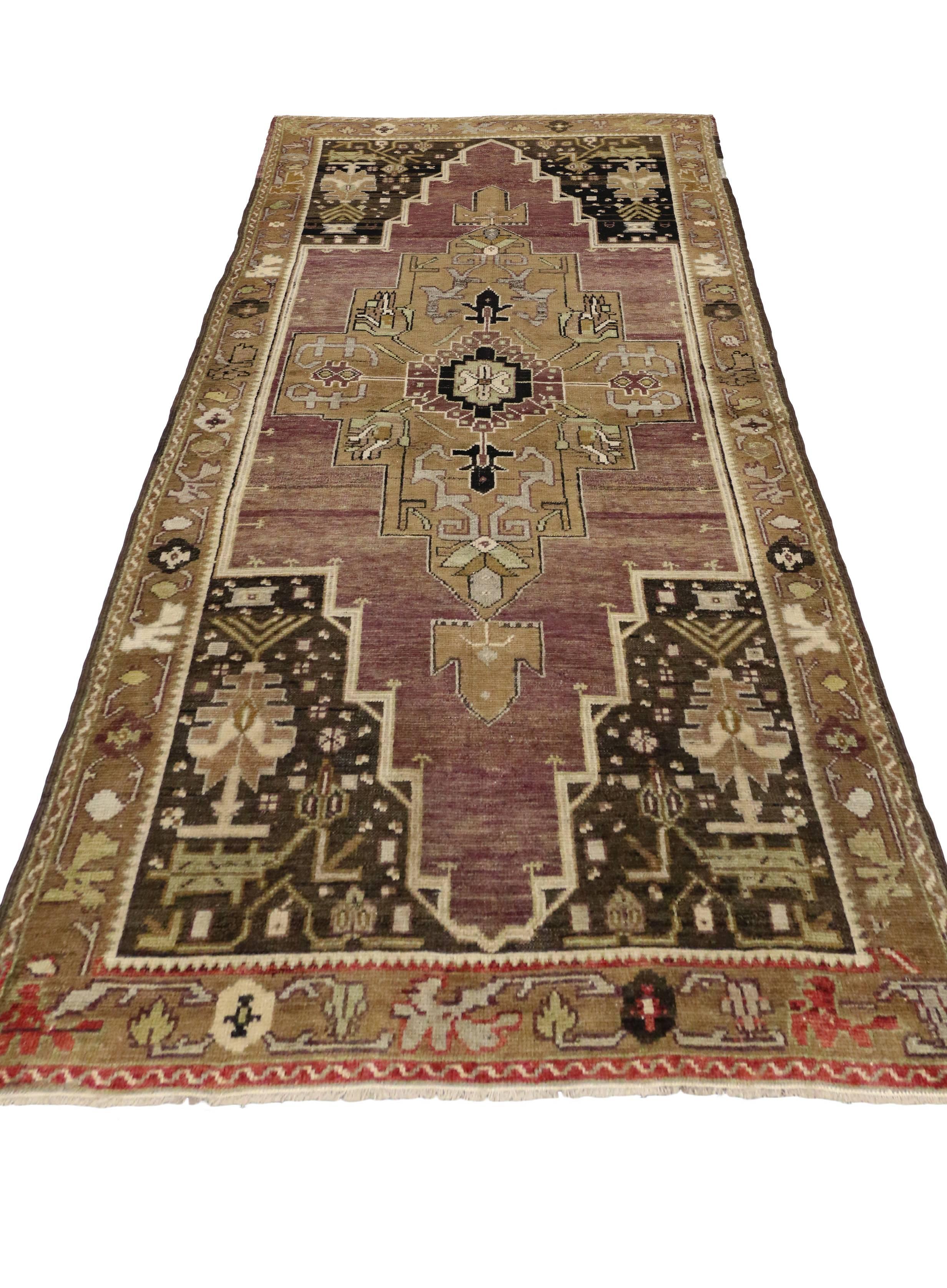 Hand-Knotted Antique Turkish Oushak Runner with Modern Tribal Style For Sale