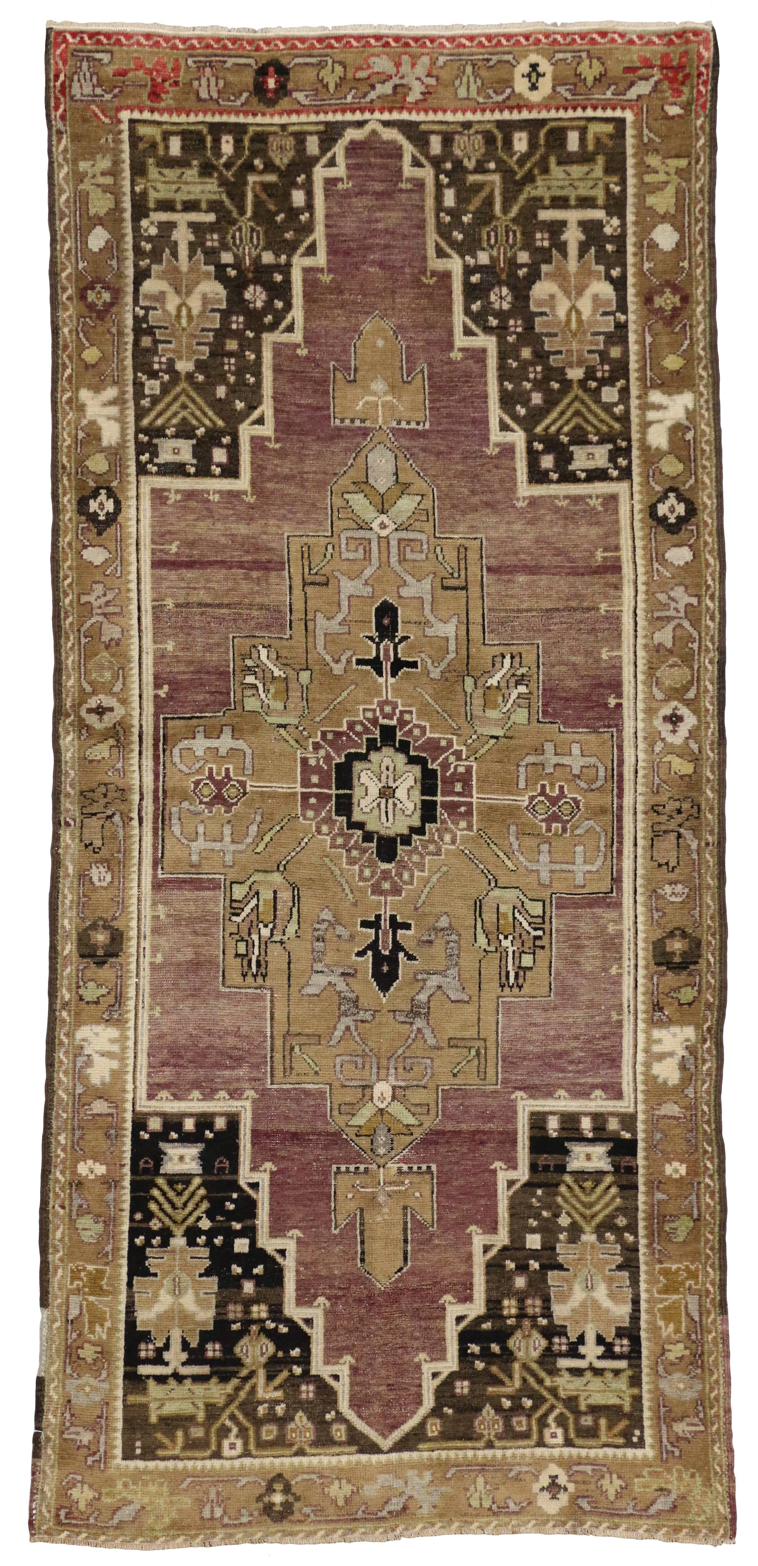 Wool Antique Turkish Oushak Runner with Modern Tribal Style For Sale