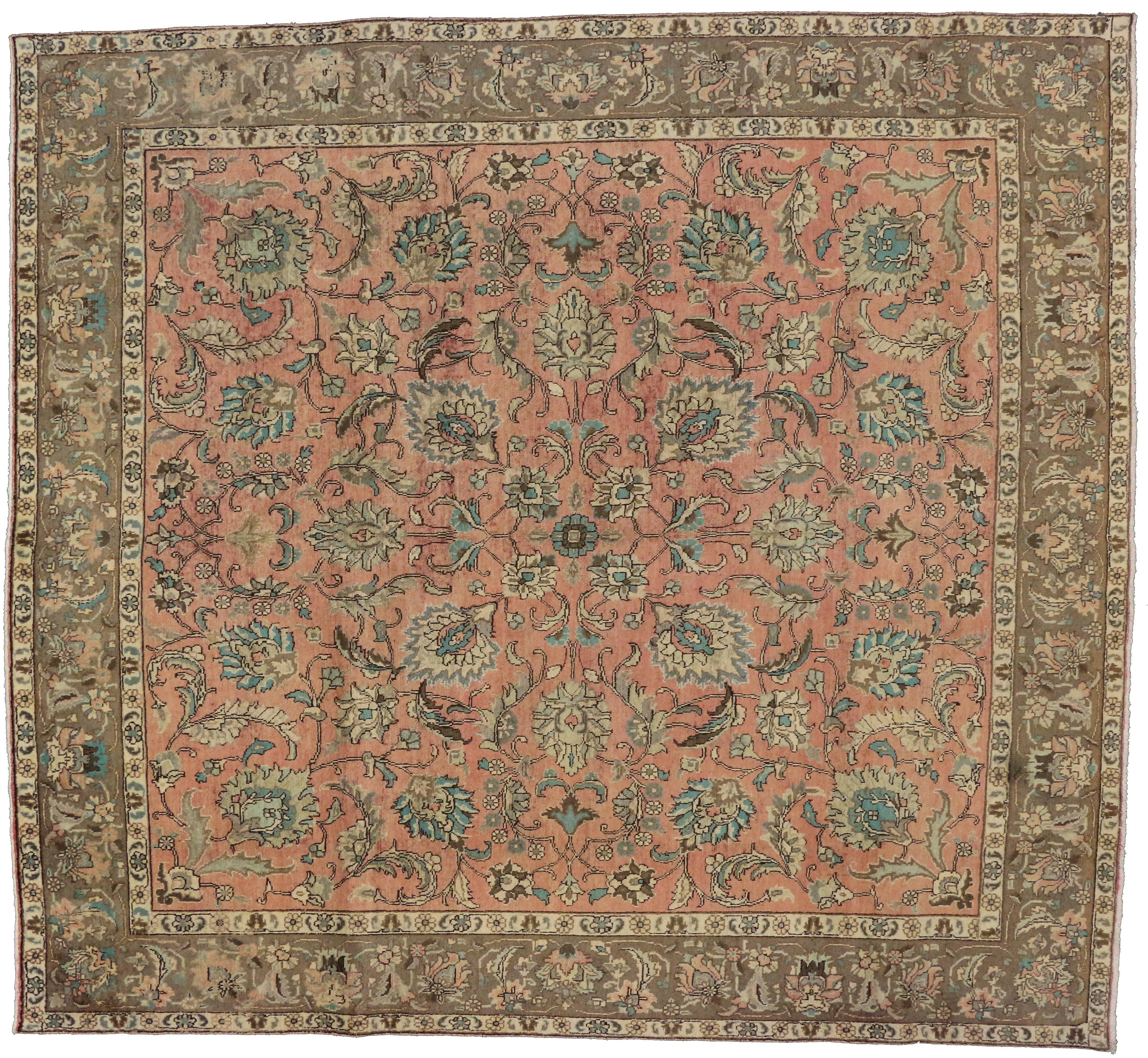 Wool Vintage Persian Tabriz Rug with Traditional Style in Light Colors, Square Rug