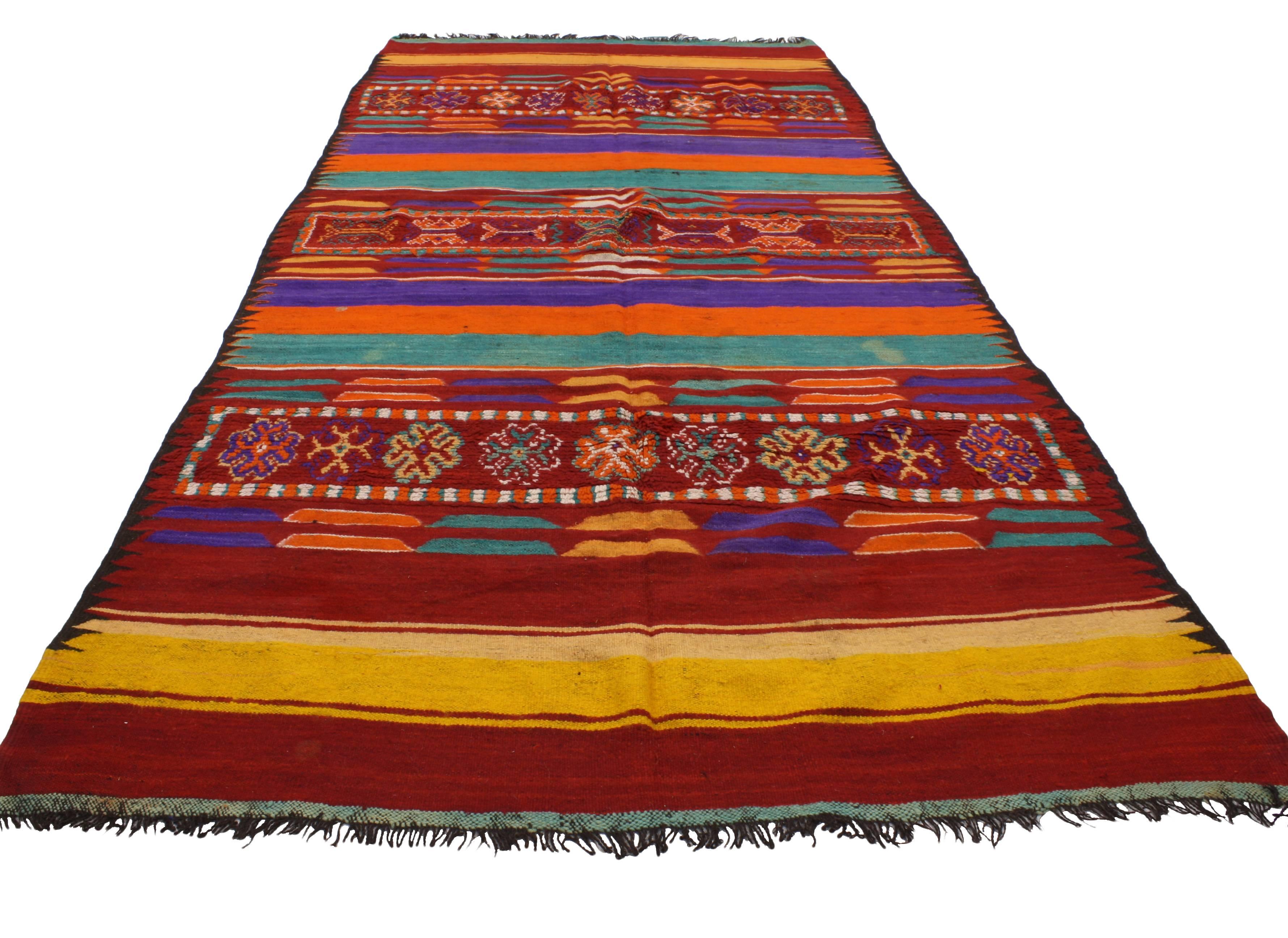 Post-Modern Vintage Berber Moroccan Kilim Rug with Modern Cabin Style, Flat-weave Kilim Rug For Sale