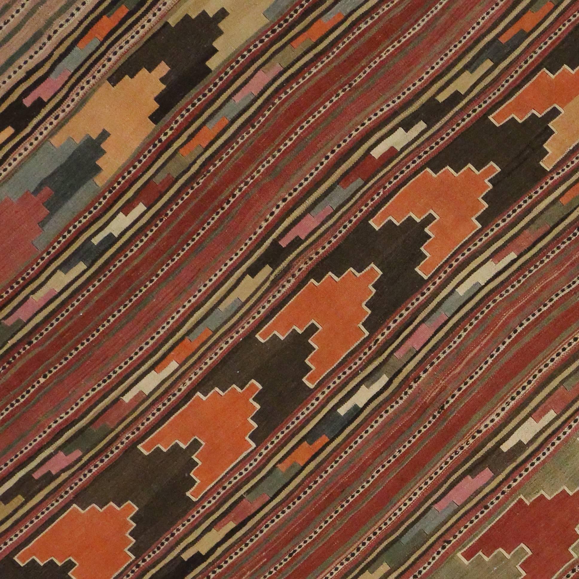 Hand-Woven Mid-Century Modern Vintage Turkish Kilim Rug with Boho Chic Style, Flatweave