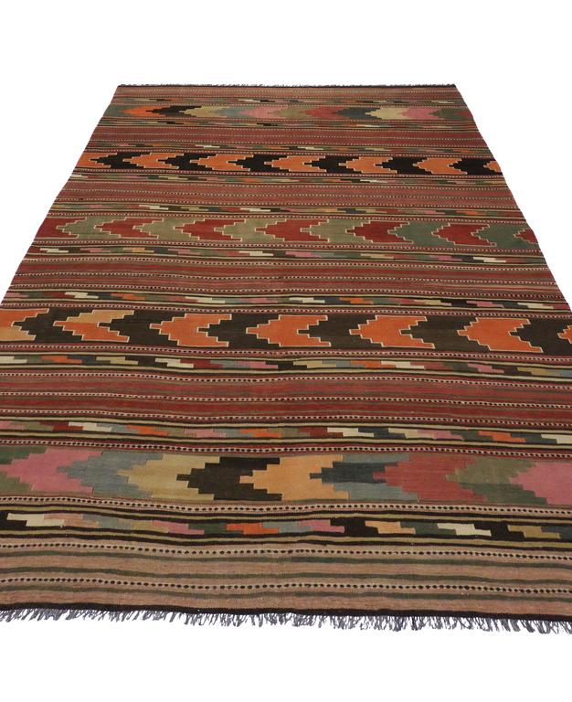 MidCentury Modern Vintage Turkish Kilim Rug with Boho Chic Style