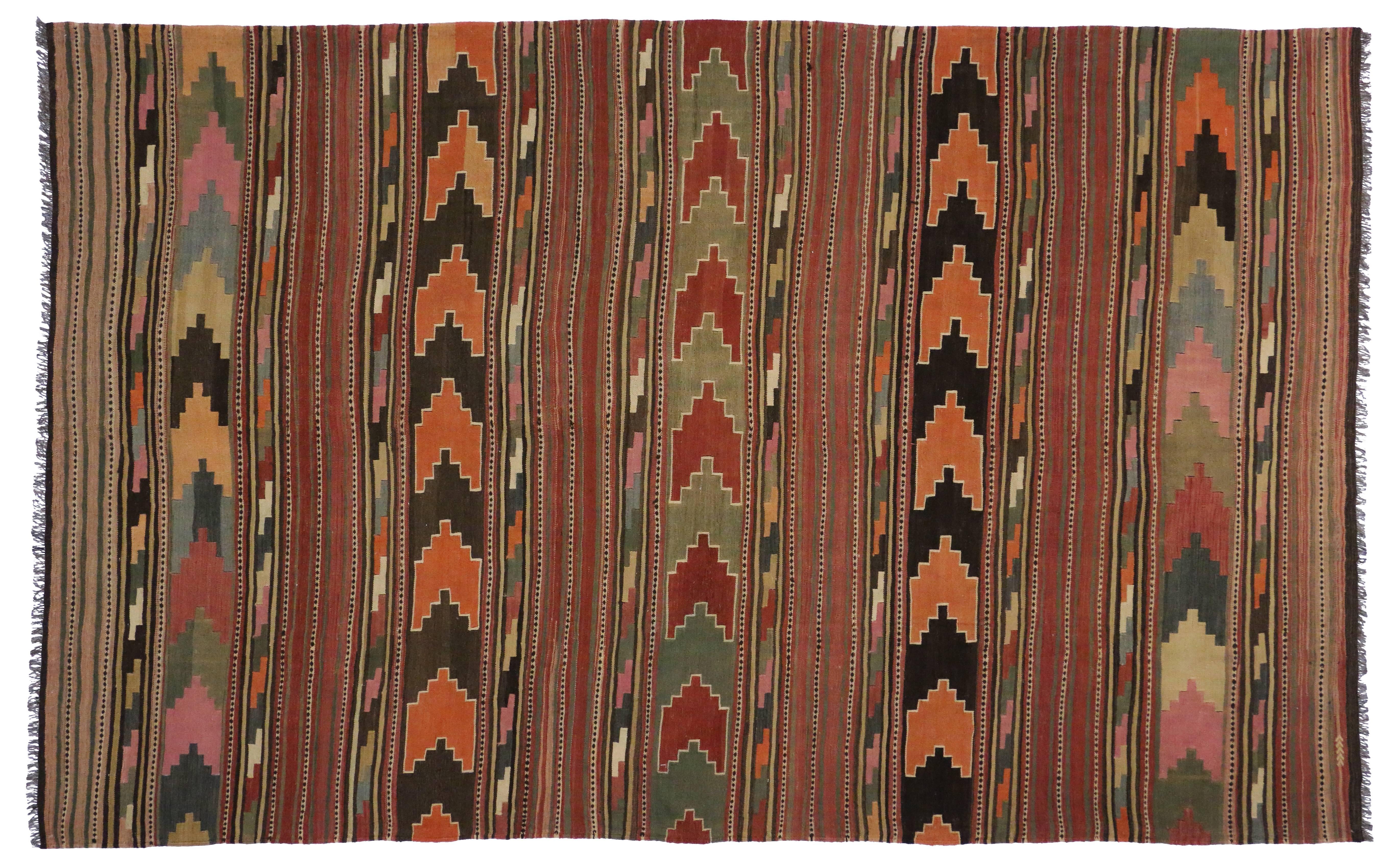 20th Century Mid-Century Modern Vintage Turkish Kilim Rug with Boho Chic Style, Flatweave