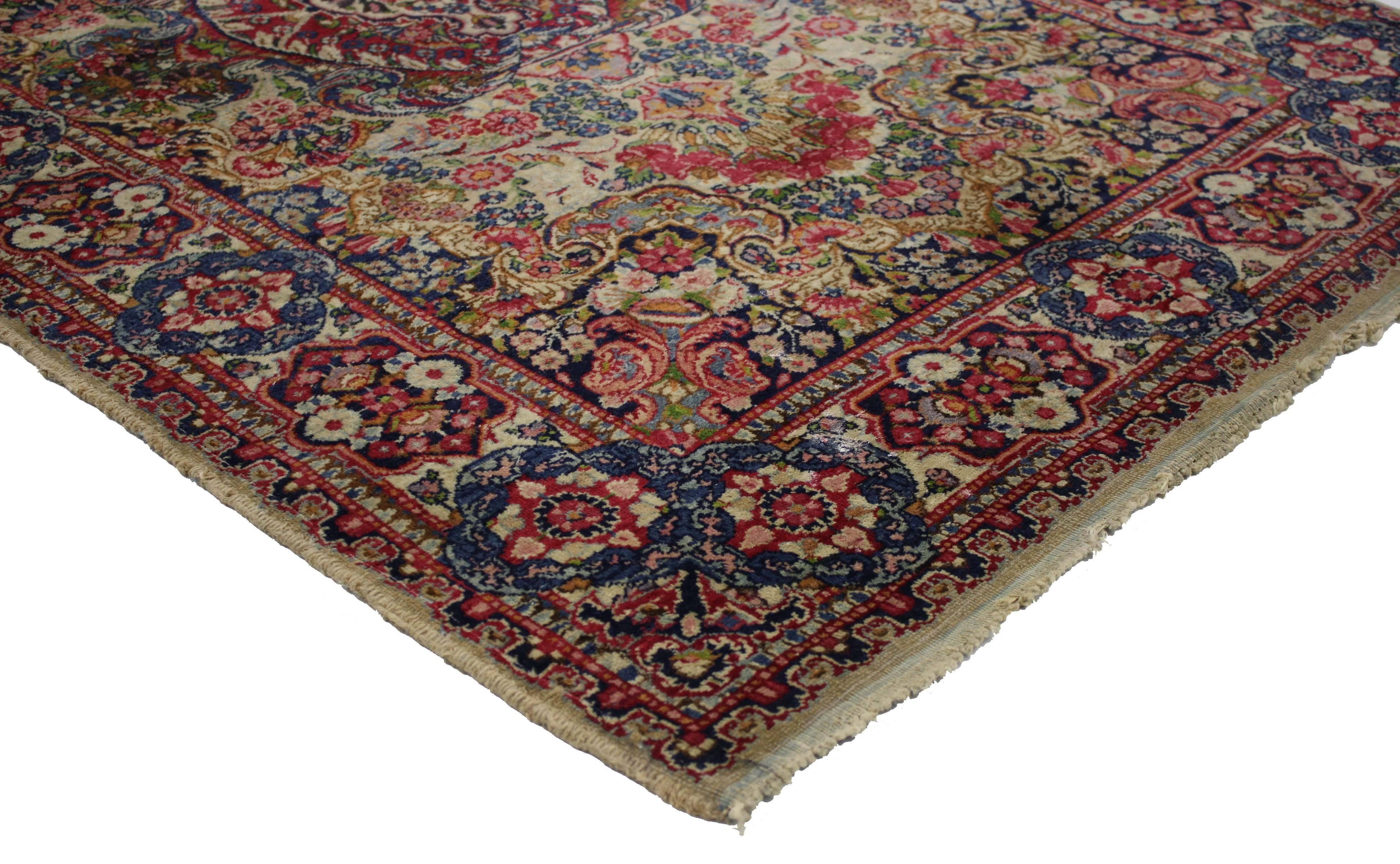 76617 Antique Persian Kerman Rug with French Rococo Style, Small Persian Accent Rug 03'01 x 05'01. Featuring a French Rococo style and classical beauty, this hand-knotted wool antique Persian Kerman rug is characterized predominantly by an