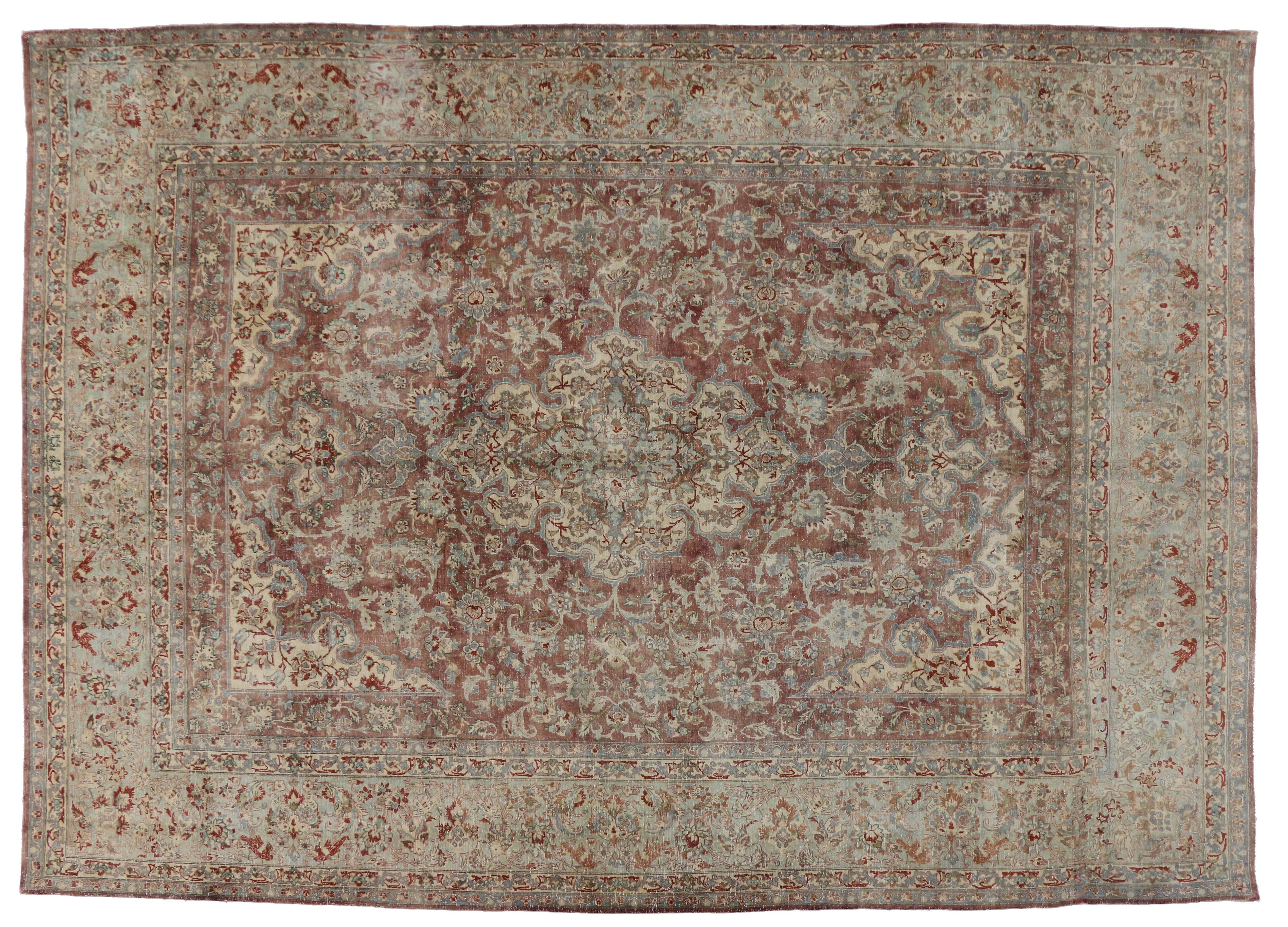Hand-Knotted Distressed Antique Persian Kerman Rug, Industrial Style Kirman Area Rug