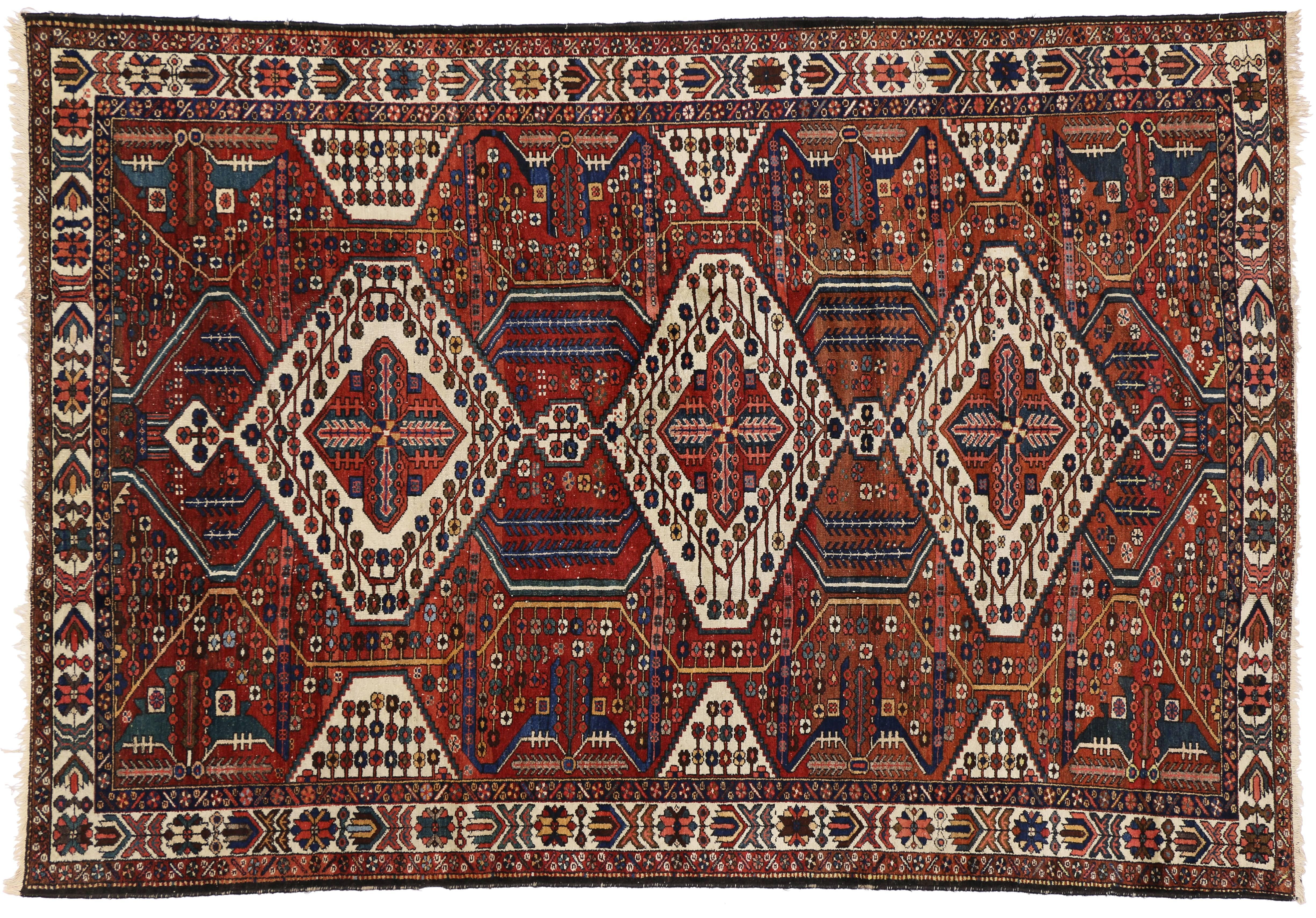 20th Century Antique Persian Bakhtiari Rug, Midcentury Modern Meets Tribal Enchantment For Sale