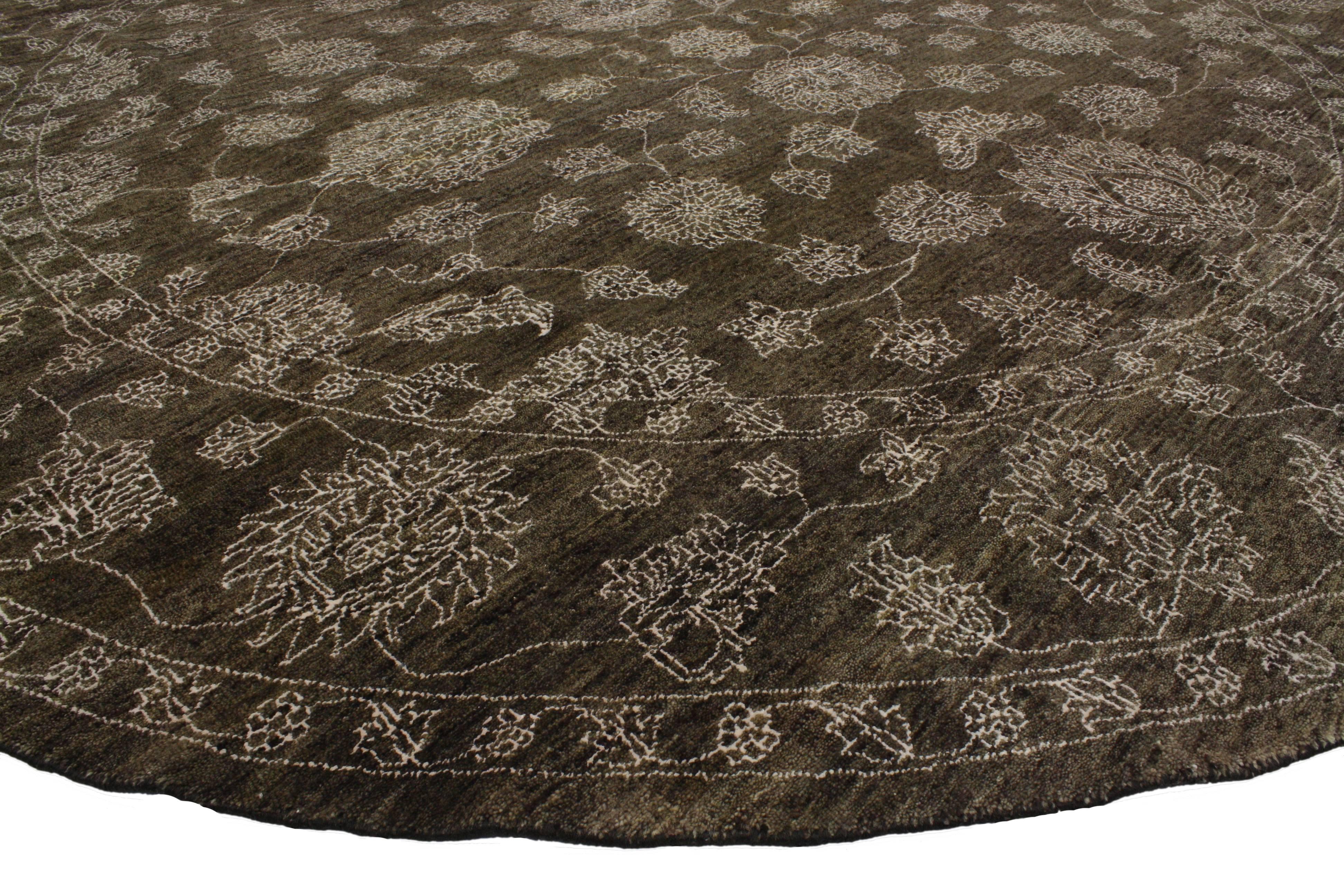 Indian Round Brown Oushak Rug with Traditional Modern Style
