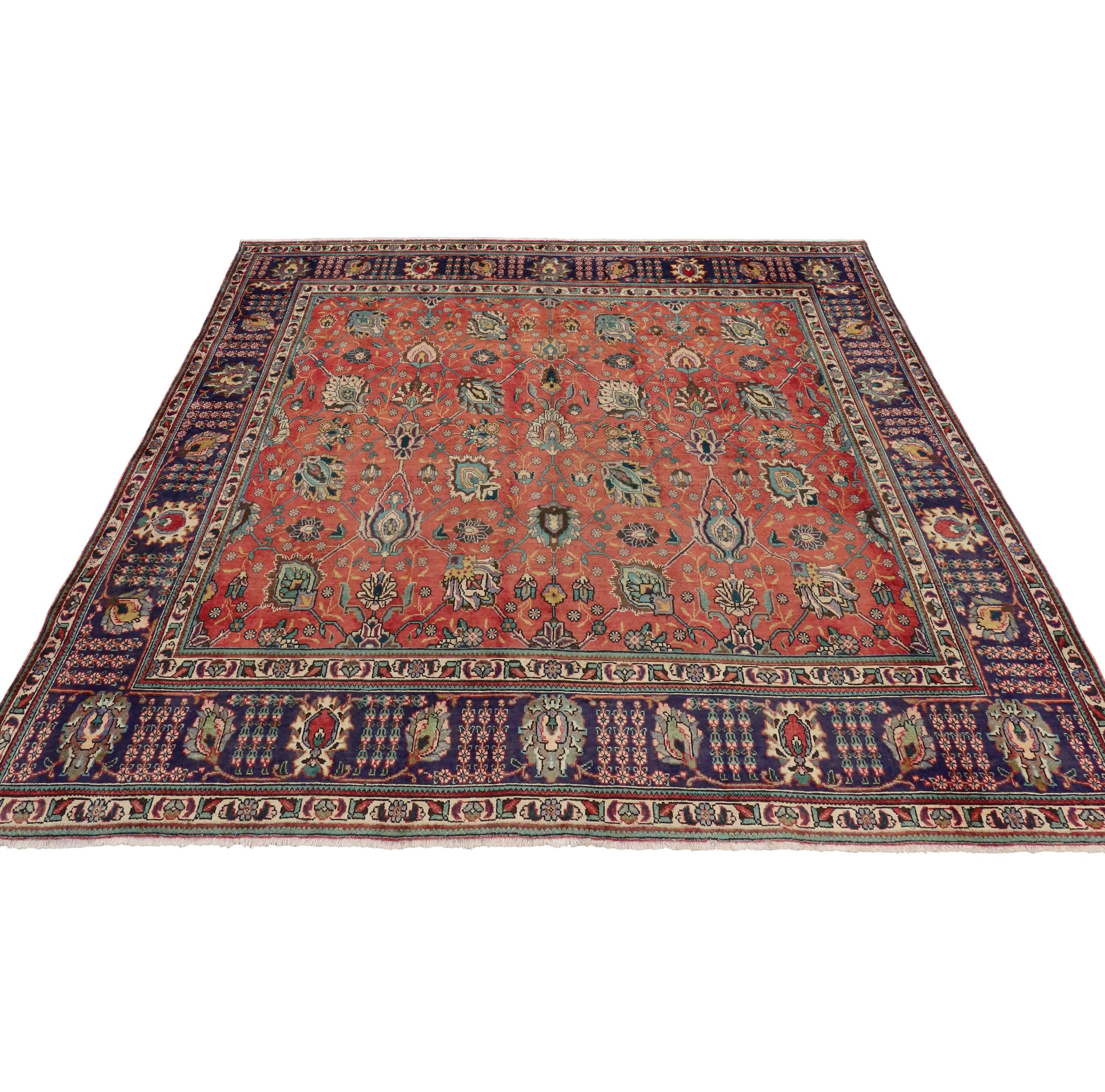 Hand-Knotted Vintage Persian Tabriz Rug with Traditional Style, Persian Square Rug