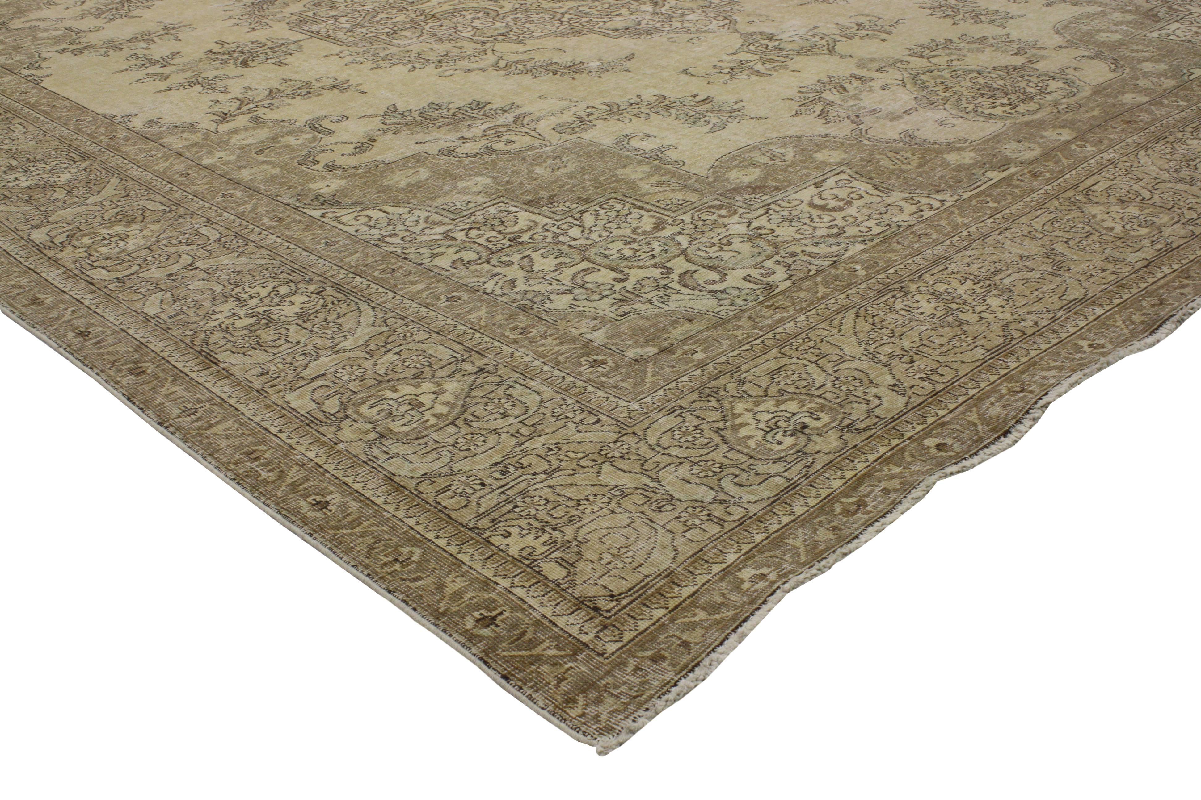 80313 Distressed Vintage Persian Tabriz Rug with Modern Refined French Industrial Style. Subdued neutral colors and an elegant combination of texture and pattern create a calm base for this vintage Persian Tabriz rug with modern Industrial style.