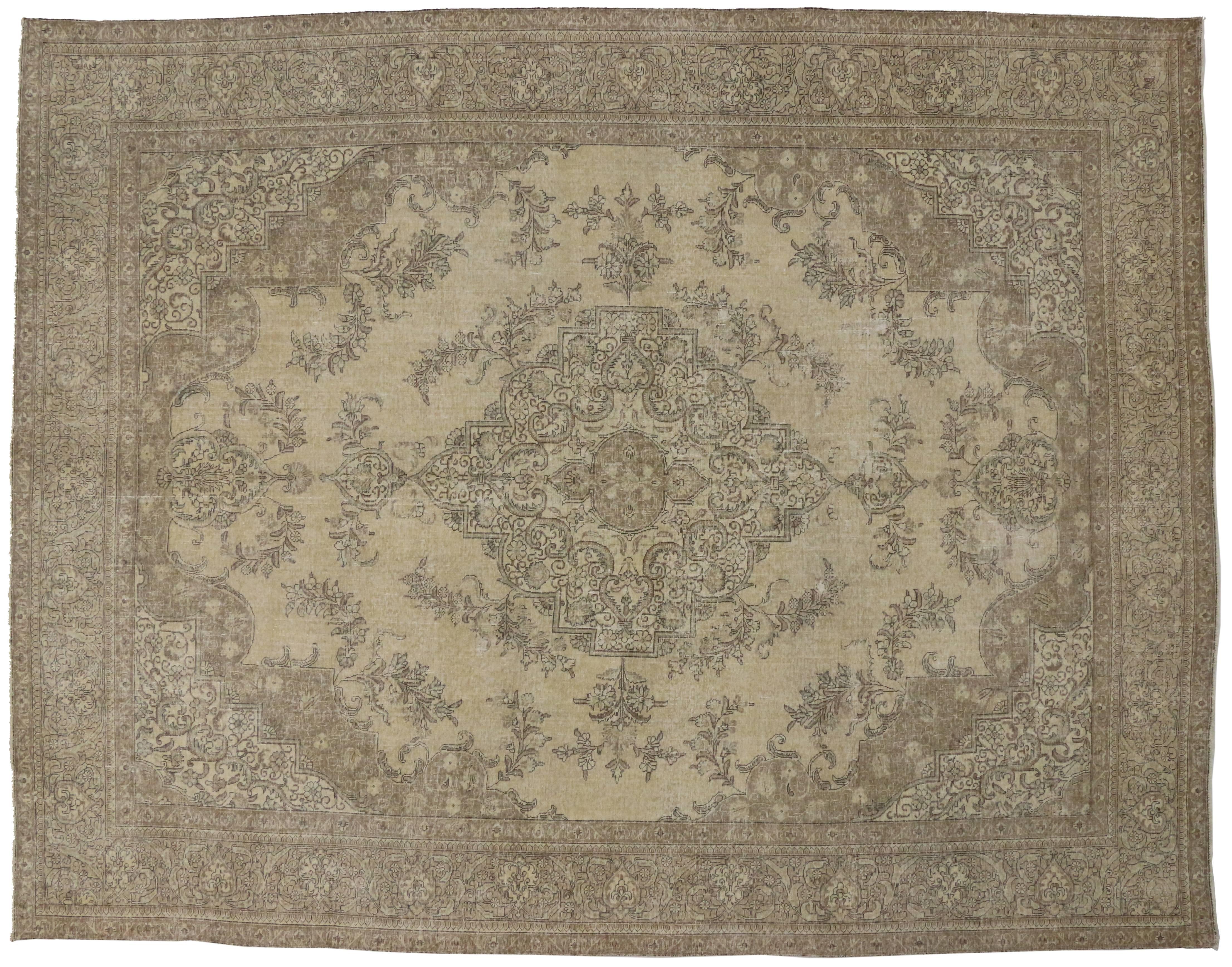 Distressed Vintage Persian Rug with Modern Refined French Industrial Style In Distressed Condition In Dallas, TX