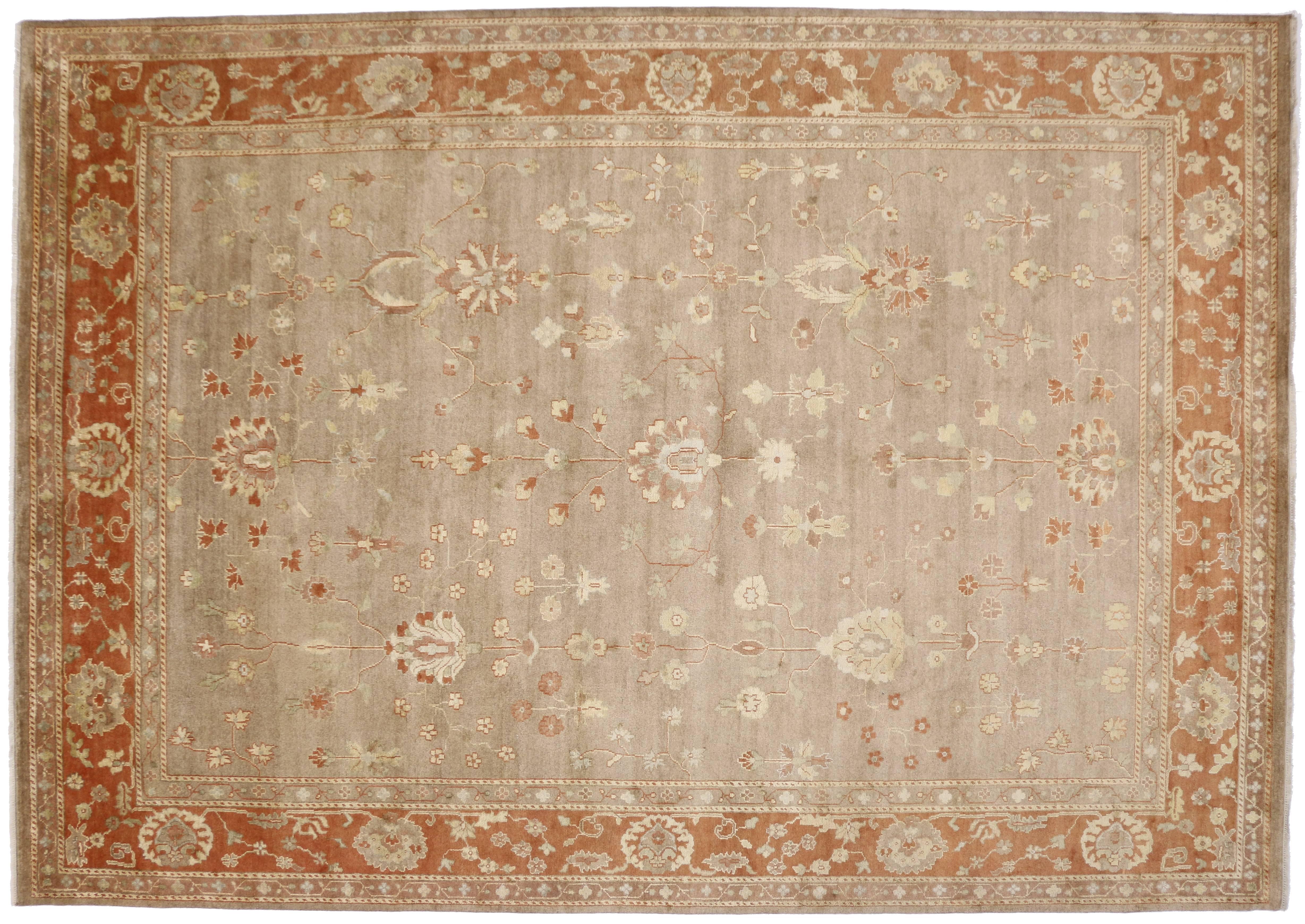 Hand-Knotted Modern Rustic Oushak Style Rug with Traditional Style