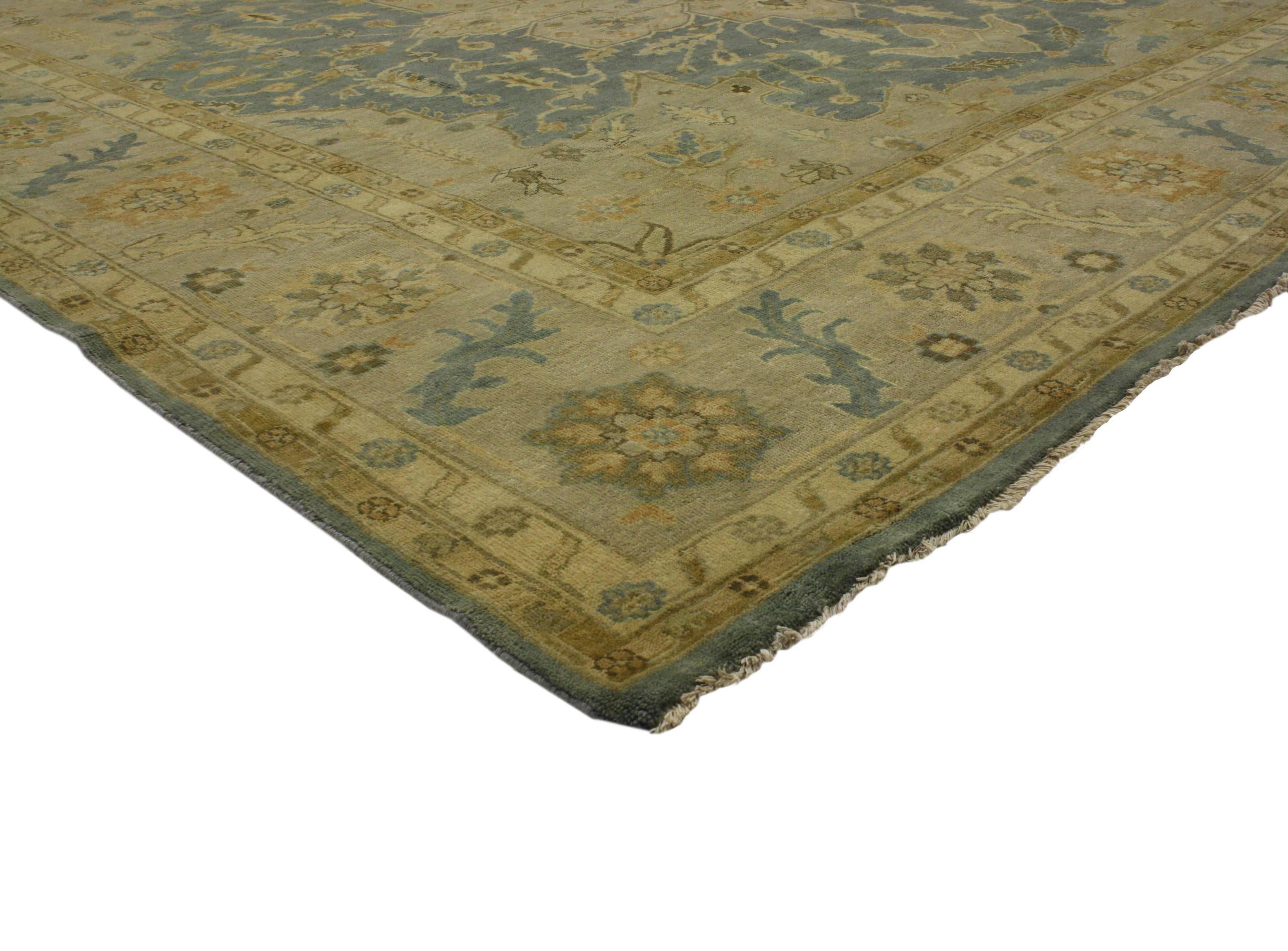 30176 Transitional Square Rug with Persian Heriz Design and Modern Style. A beautiful example of hues in harmony, this hand-knotted wool transitional square rug bears a remarkable air of chic sophistication. A central medallion and breathtaking