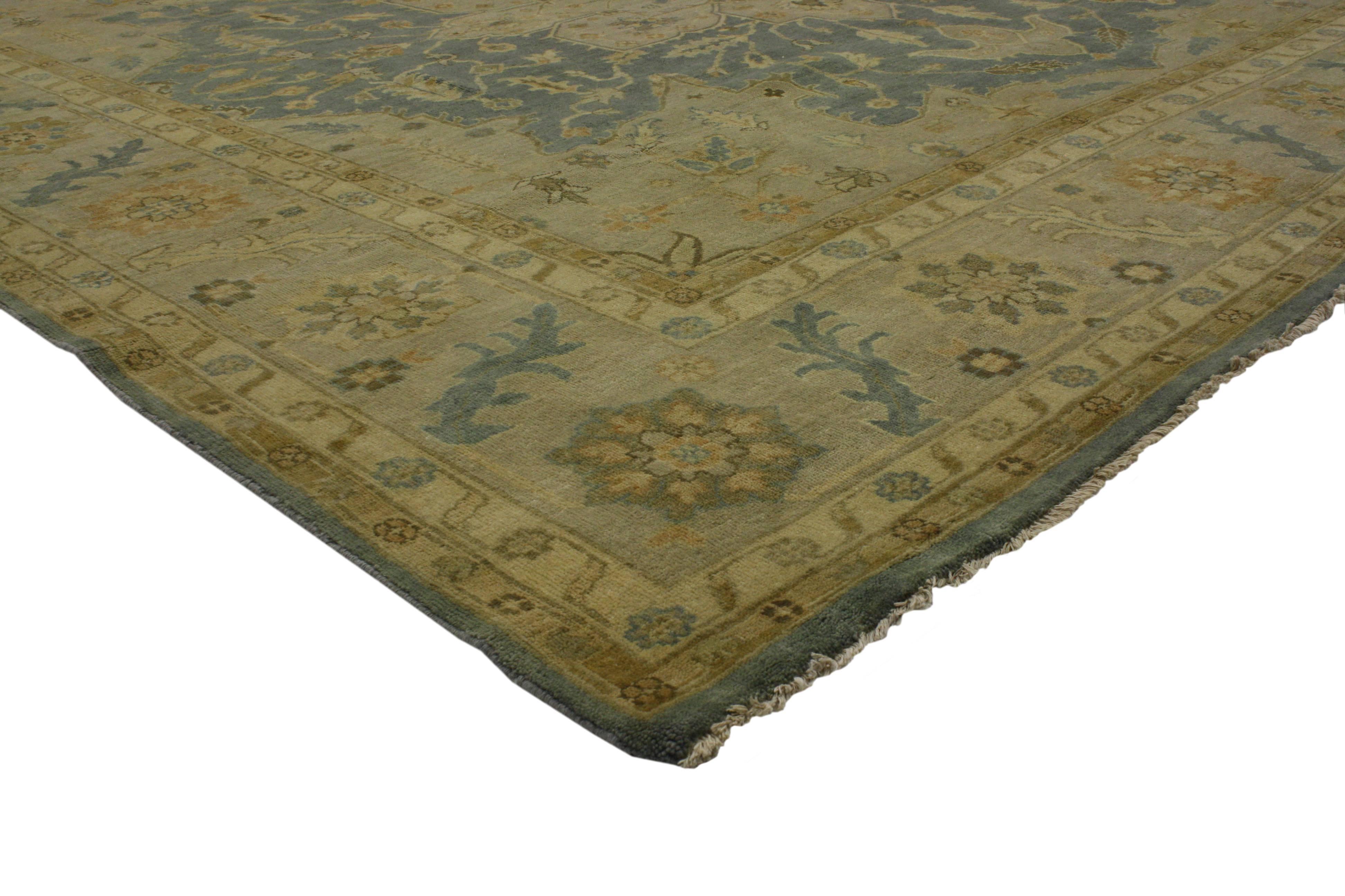 Hand-Knotted Transitional Square Rug with Persian Heriz Design and Modern Style